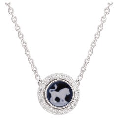 Leo Carving Gemstone Zodiac Diamond Charm Necklace 14 Karat White Gold Jewelry