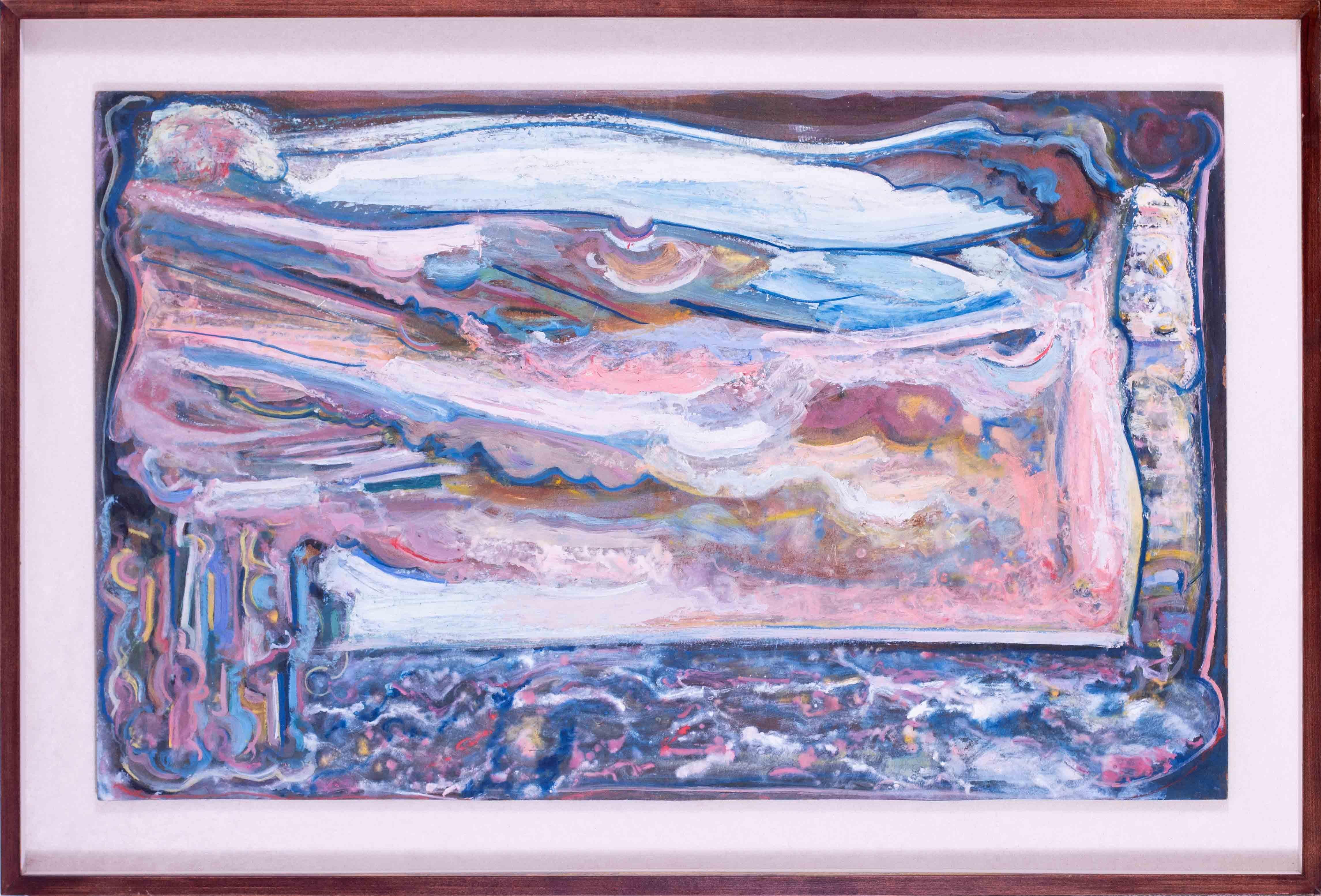 1983 großes britisches Ölgemälde "Seascape as Theatre" von Leo Davy, rosa