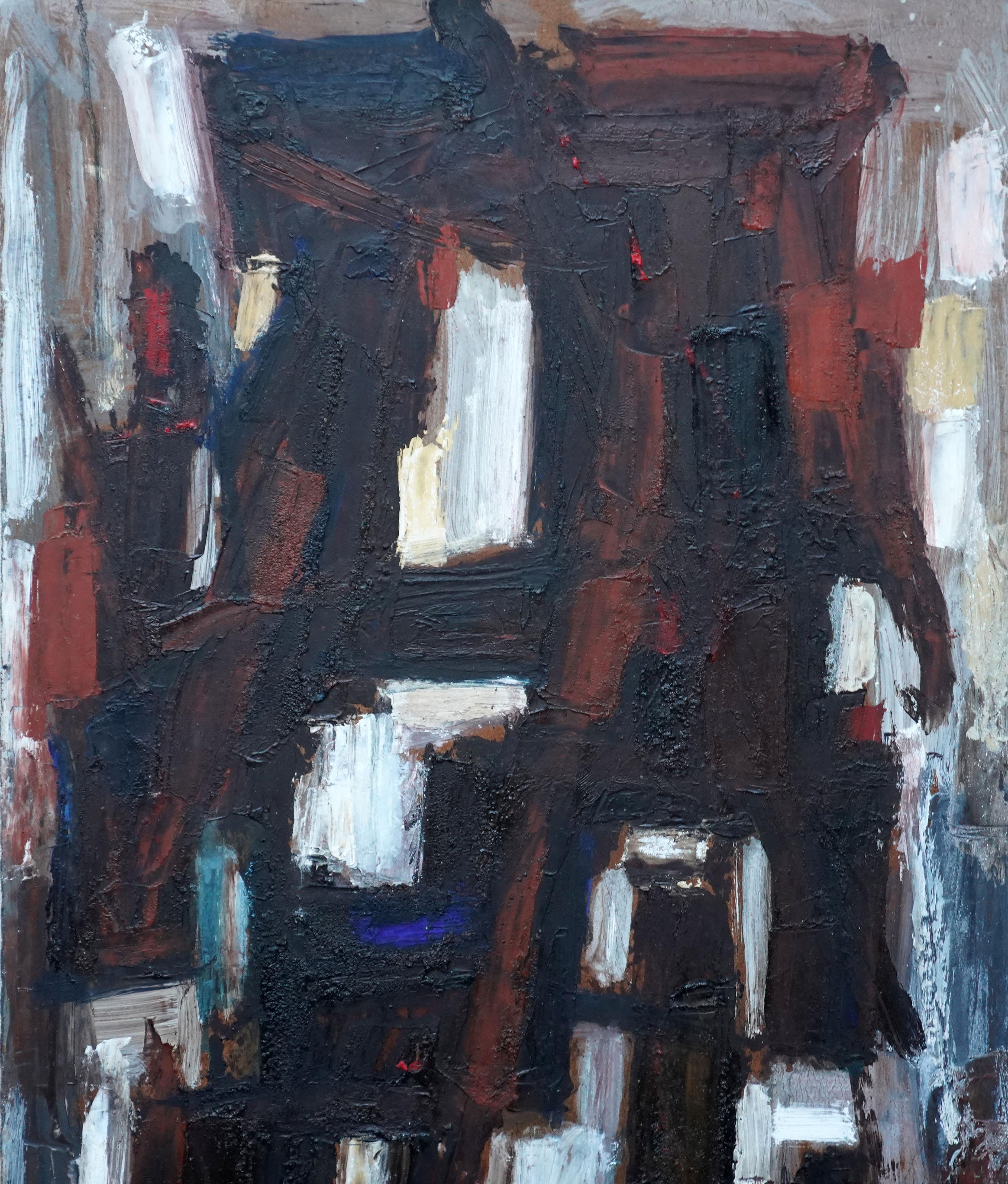 Astratto 1955 - Astratto britannico  pittura ad olio artista della Slade School - Abstract Painting Nero di Leo Davy