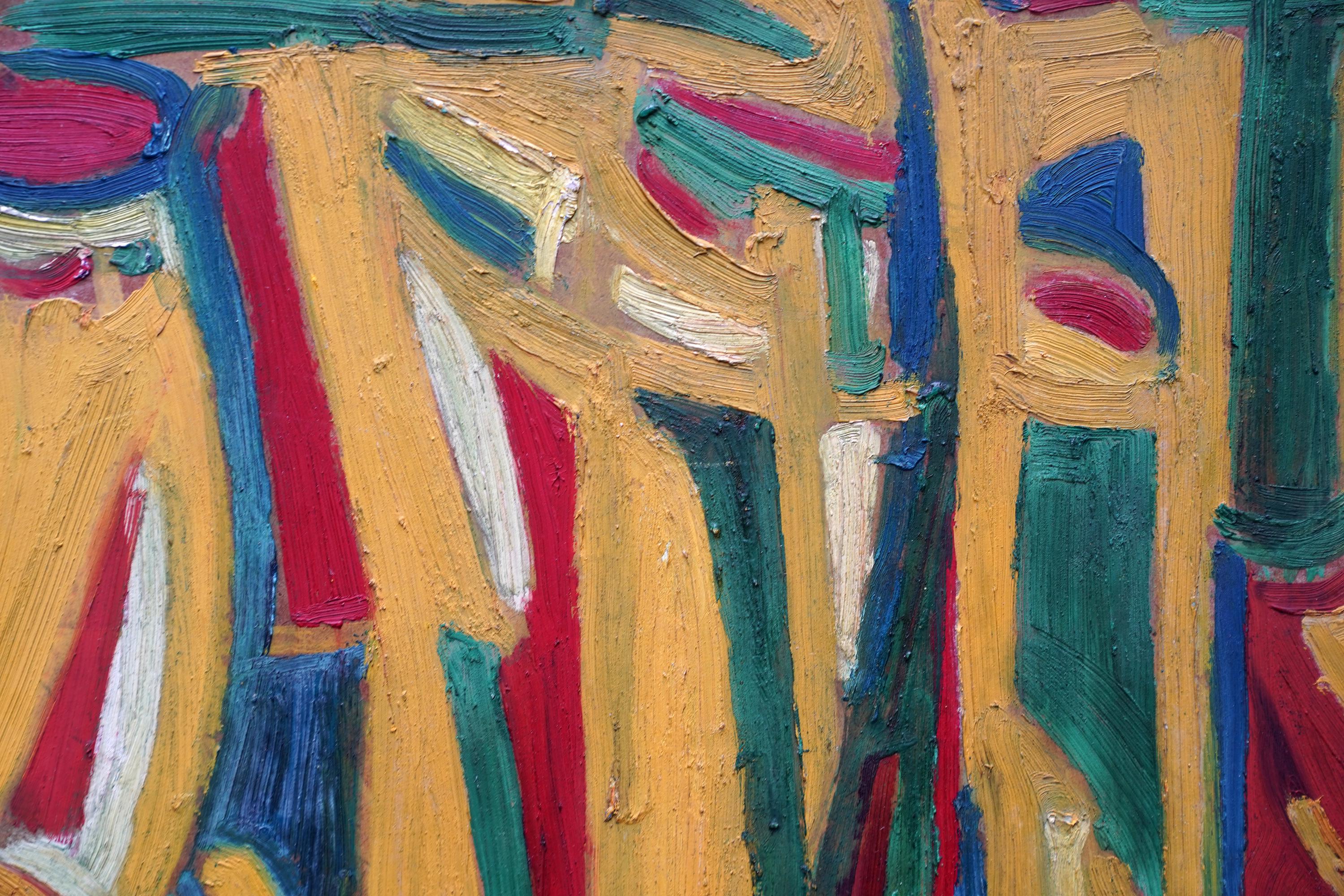 Abstrait en jaune, vert et rouge - peinture à l'huile d'art abstrait britannique de 1955 en vente 6