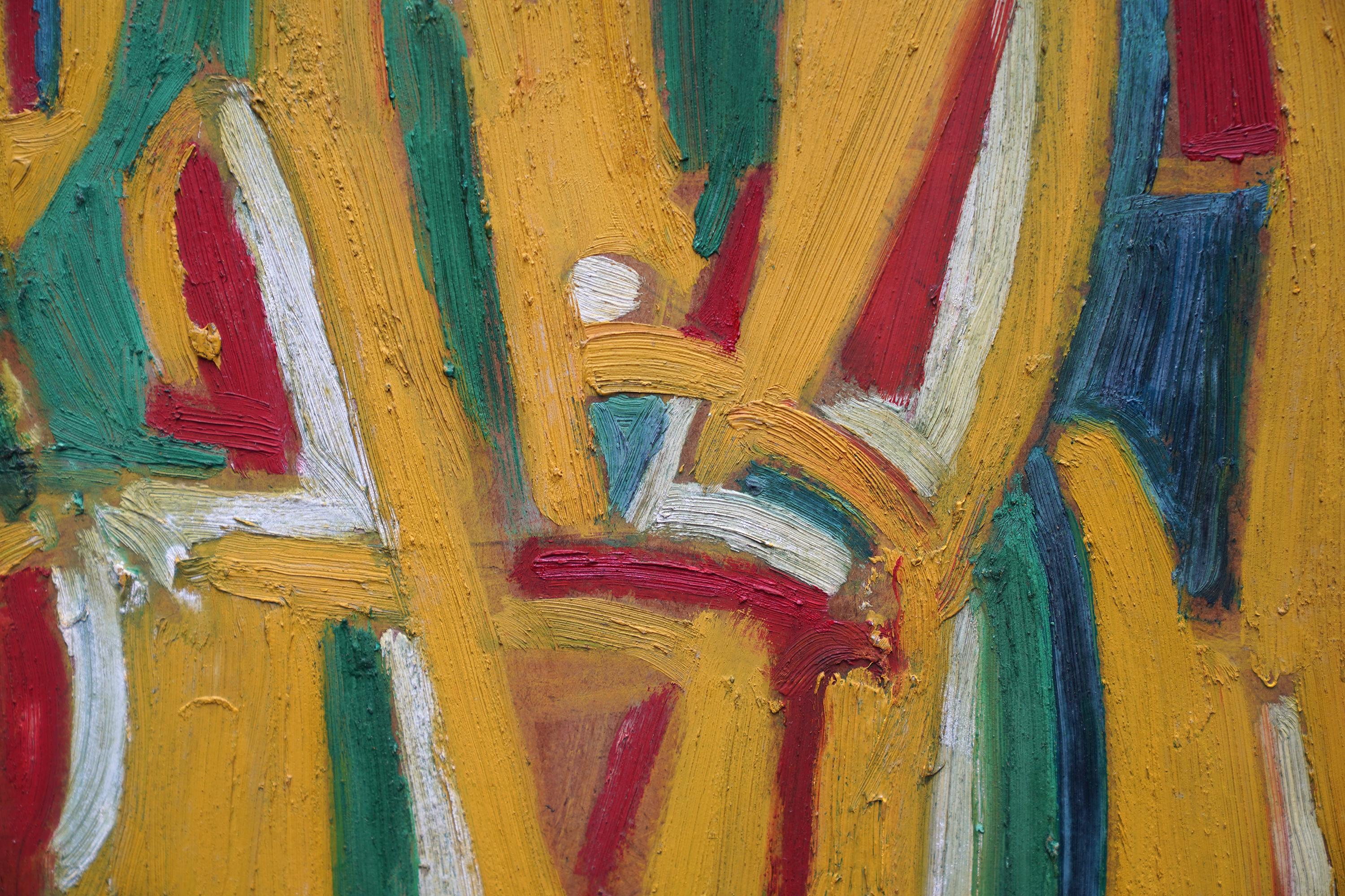 Abstrait en jaune, vert et rouge - peinture à l'huile d'art abstrait britannique de 1955 en vente 7