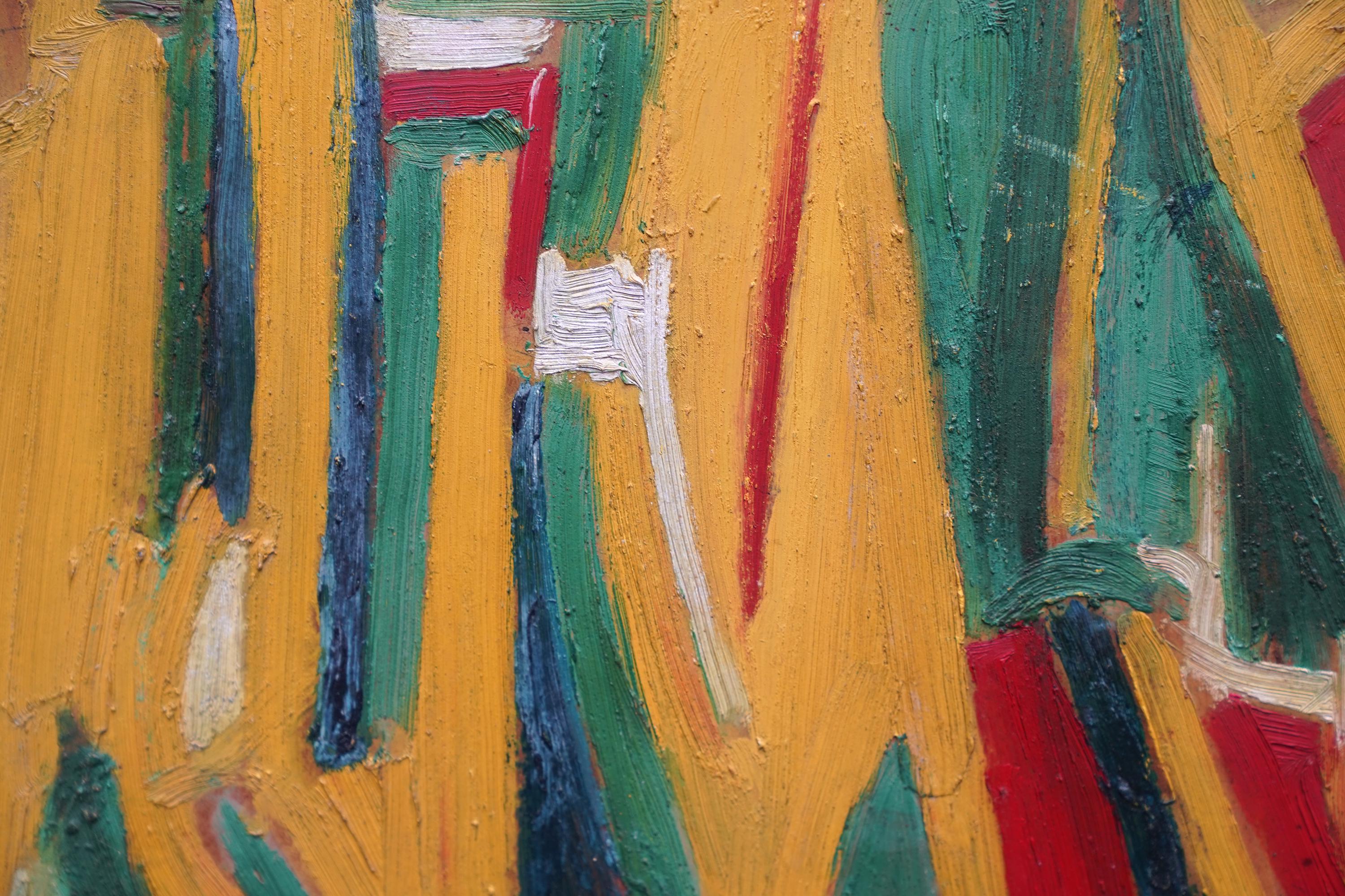 Abstrait en jaune, vert et rouge - peinture à l'huile d'art abstrait britannique de 1955 en vente 8