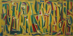 Abstract in Yellow Green & Red - British 1955 abstract art oil painting