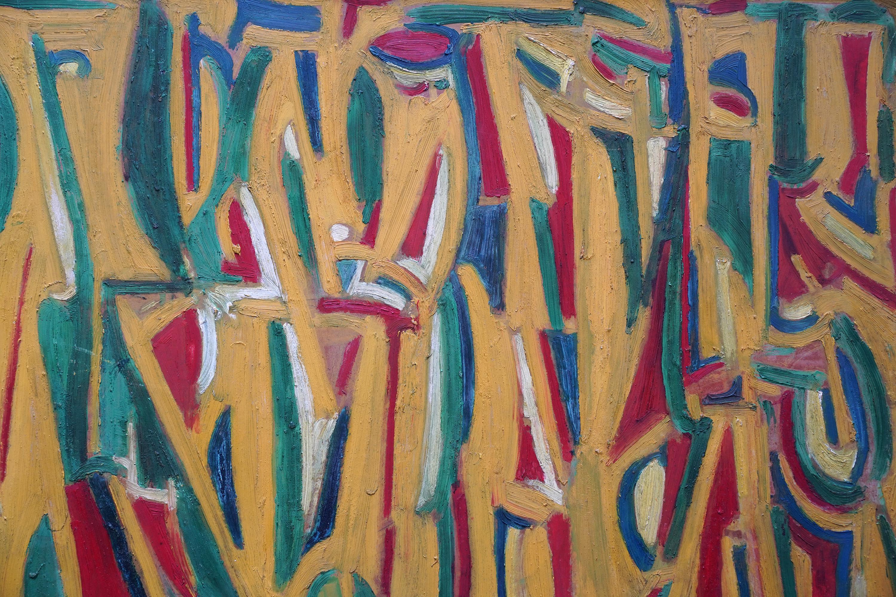 Abstrait en jaune, vert et rouge - peinture à l'huile d'art abstrait britannique de 1955 - Marron Abstract Painting par Leo Davy