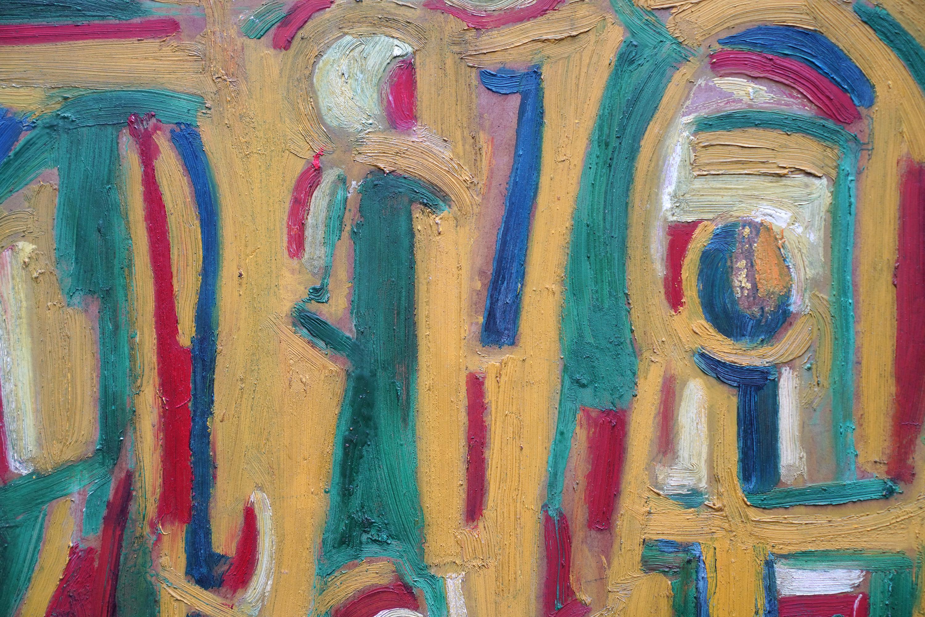 Abstrait en jaune, vert et rouge - peinture à l'huile d'art abstrait britannique de 1955 en vente 1