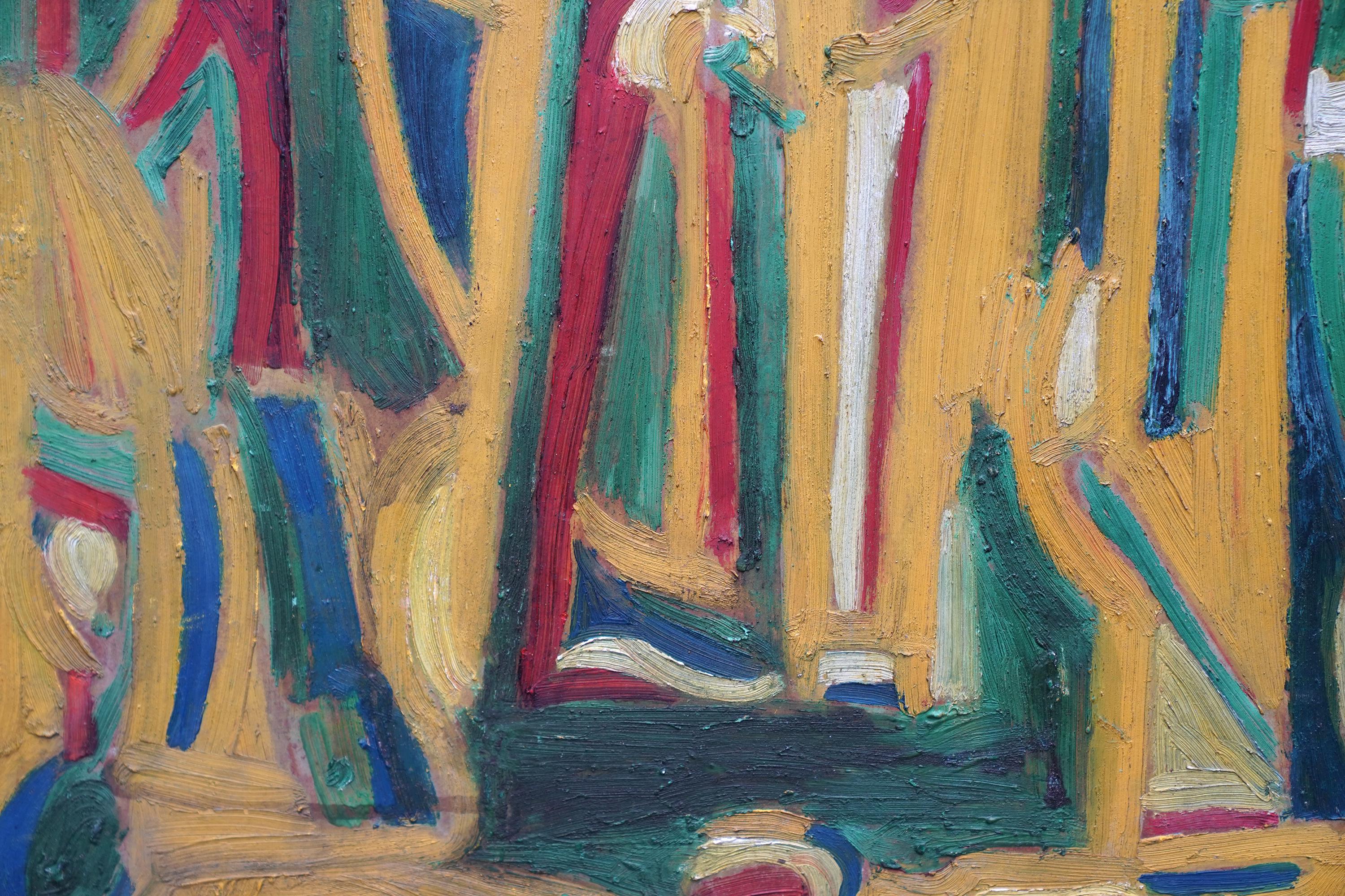 Abstrait en jaune, vert et rouge - peinture à l'huile d'art abstrait britannique de 1955 en vente 2