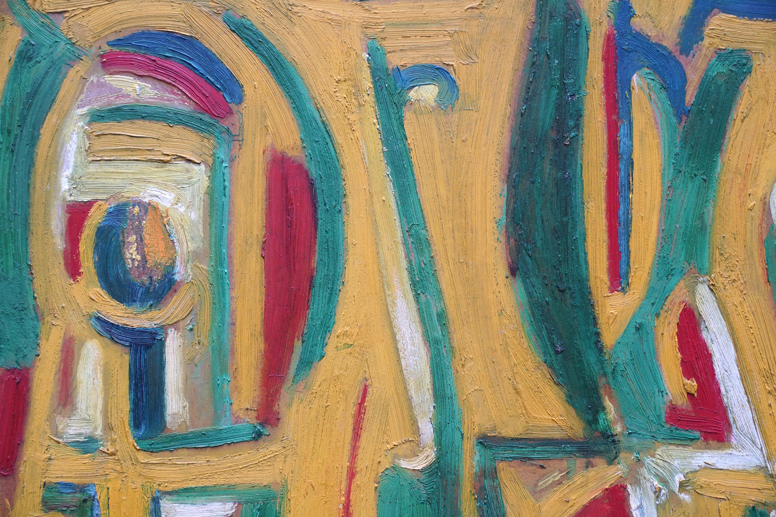 Abstrait en jaune, vert et rouge - peinture à l'huile d'art abstrait britannique de 1955 en vente 3