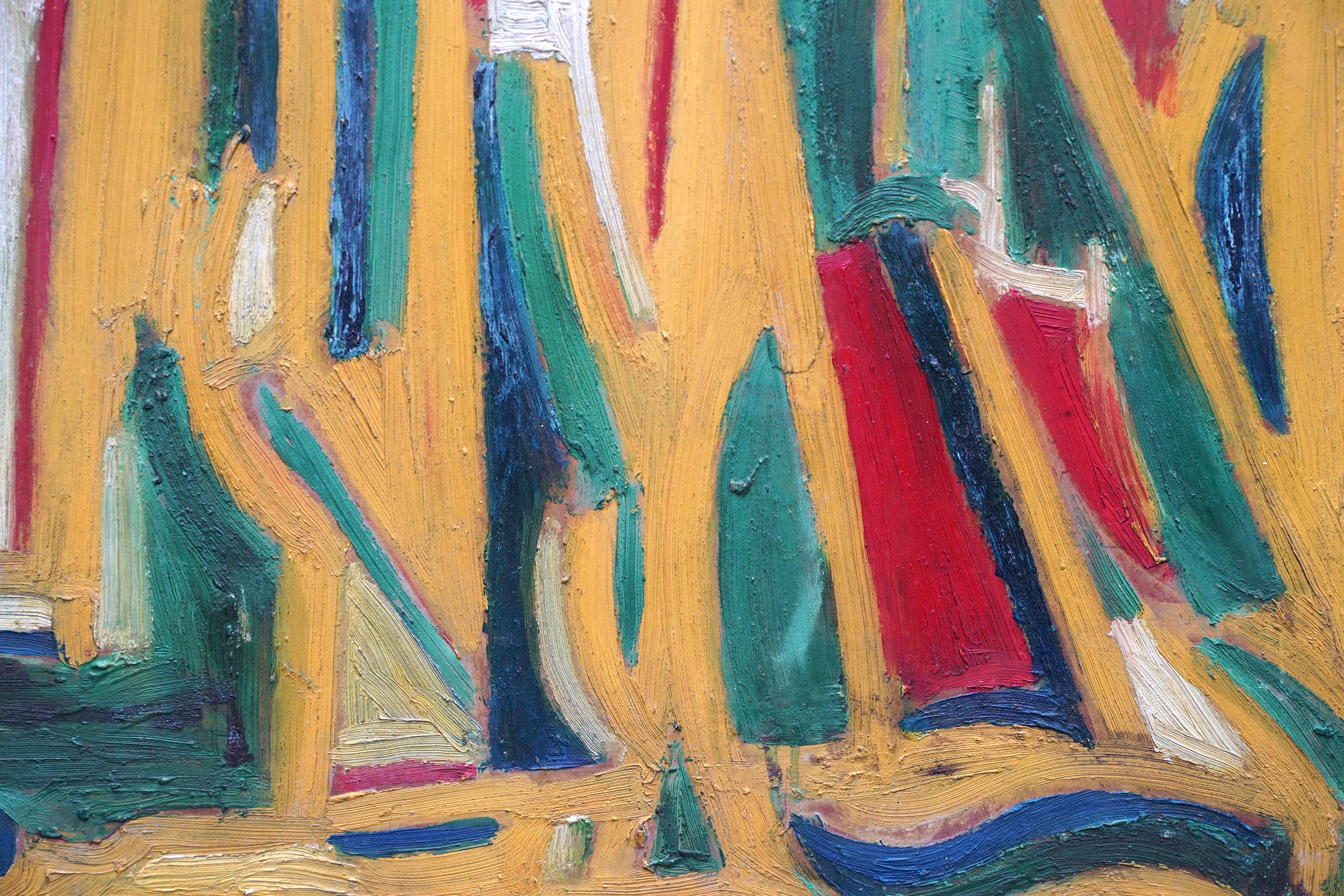 Abstrait en jaune, vert et rouge - peinture à l'huile d'art abstrait britannique de 1955 en vente 4