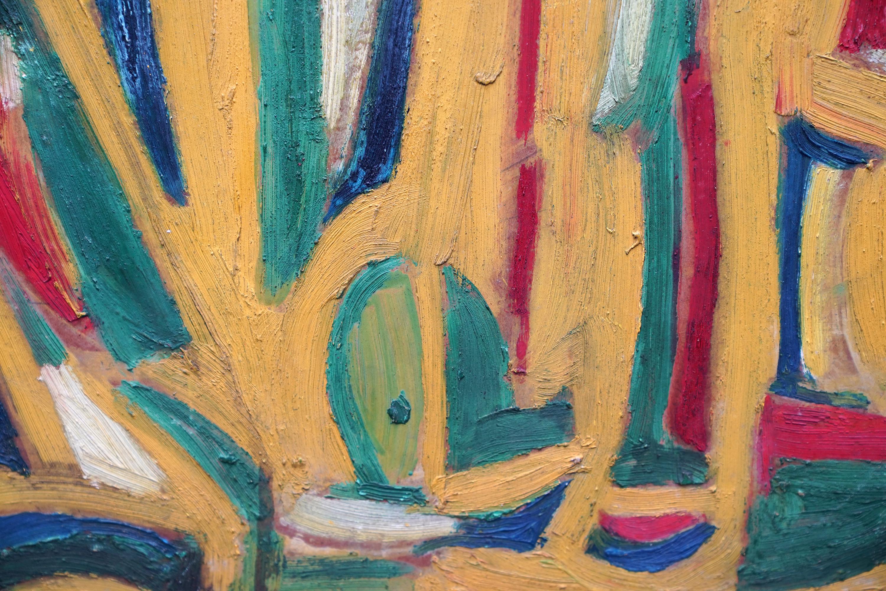 Abstrait en jaune, vert et rouge - peinture à l'huile d'art abstrait britannique de 1955 en vente 5