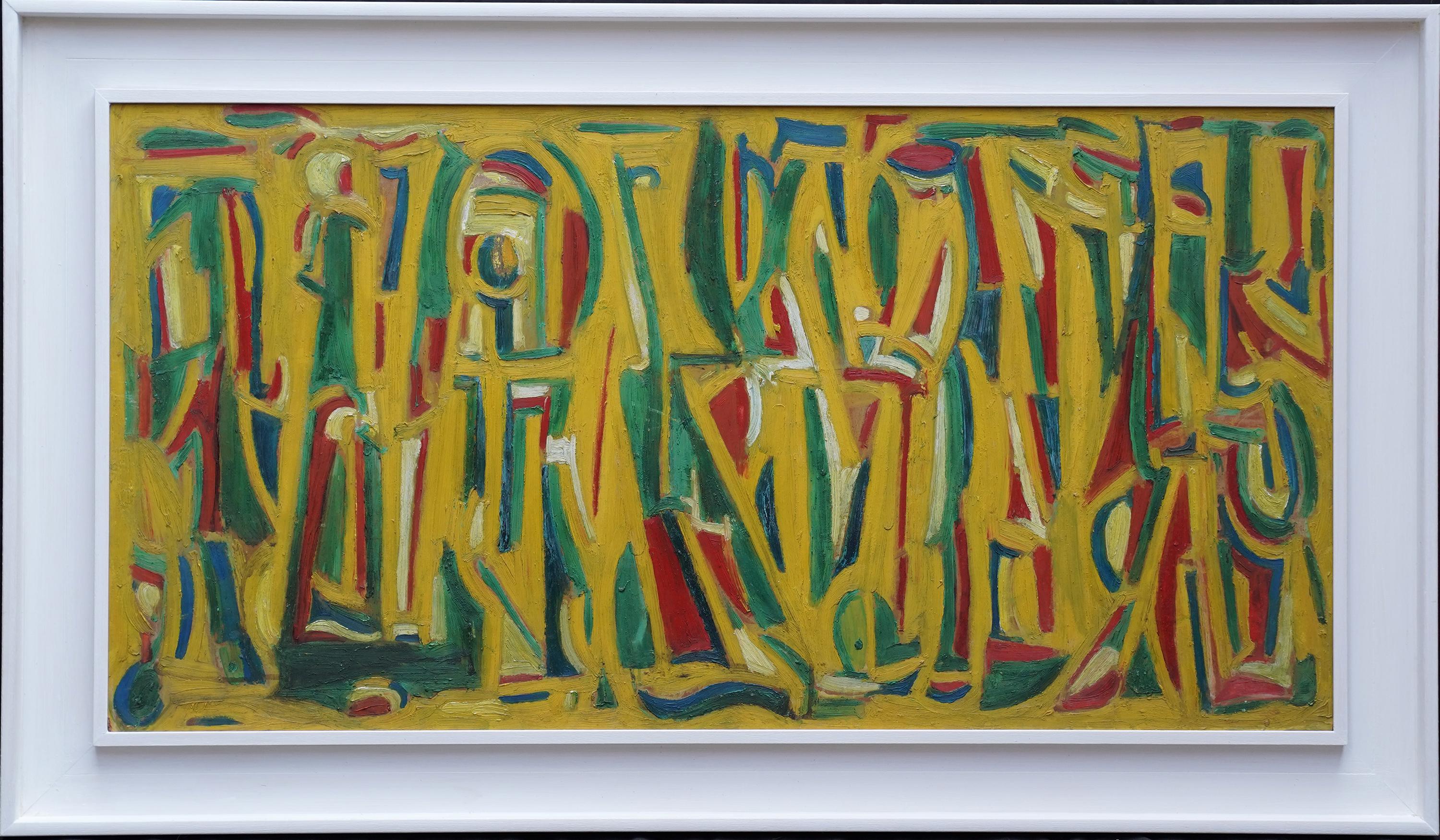 Abstrait en jaune, vert et rouge - peinture à l'huile d'art abstrait britannique de 1955