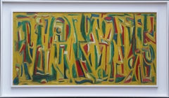 Vintage Abstract in Yellow Green & Red - British 1955 abstract art oil painting