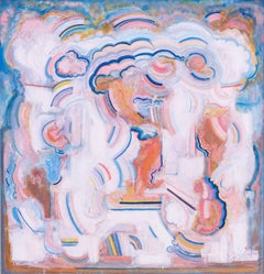 Leo Davy, britannico, 1978 olio su tavola, opera astratta di grandi dimensioni, rosa, bianchi, blu