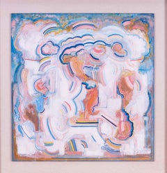 Leo Davy, britannico, 1978 olio su tavola, opera astratta di grandi dimensioni, rosa, bianchi, blu