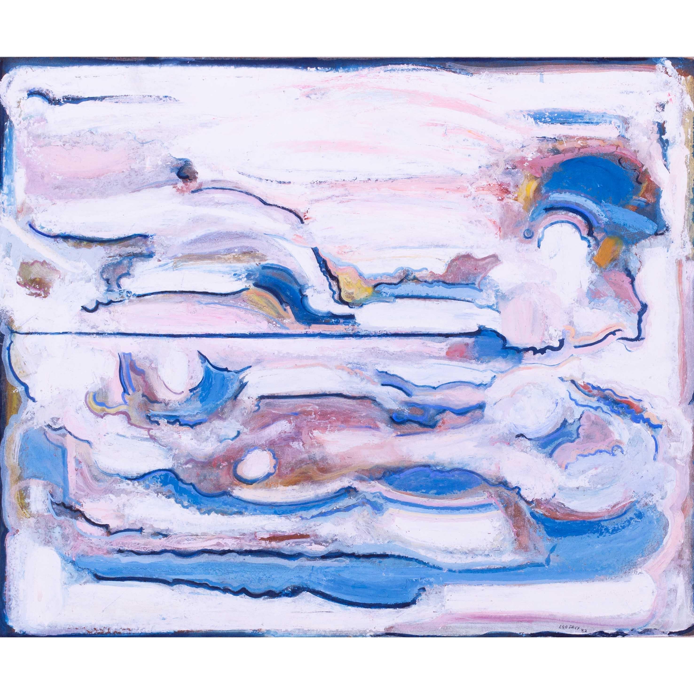 Leo Davy, Britisch, 1982 Öl auf Karton, großes abstraktes Werk, Rosa, Weiß, Blau im Angebot 1