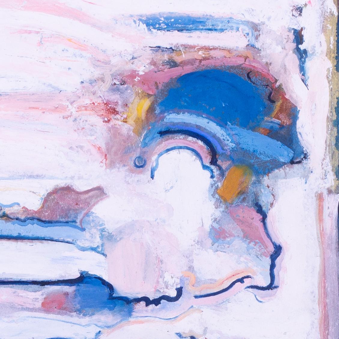 Leo Davy, Britisch, 1982 Öl auf Karton, großes abstraktes Werk, Rosa, Weiß, Blau im Angebot 4