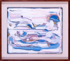 Leo Davy, britannico, 1982 olio su tavola, opera astratta di grandi dimensioni, rosa, bianchi, blu