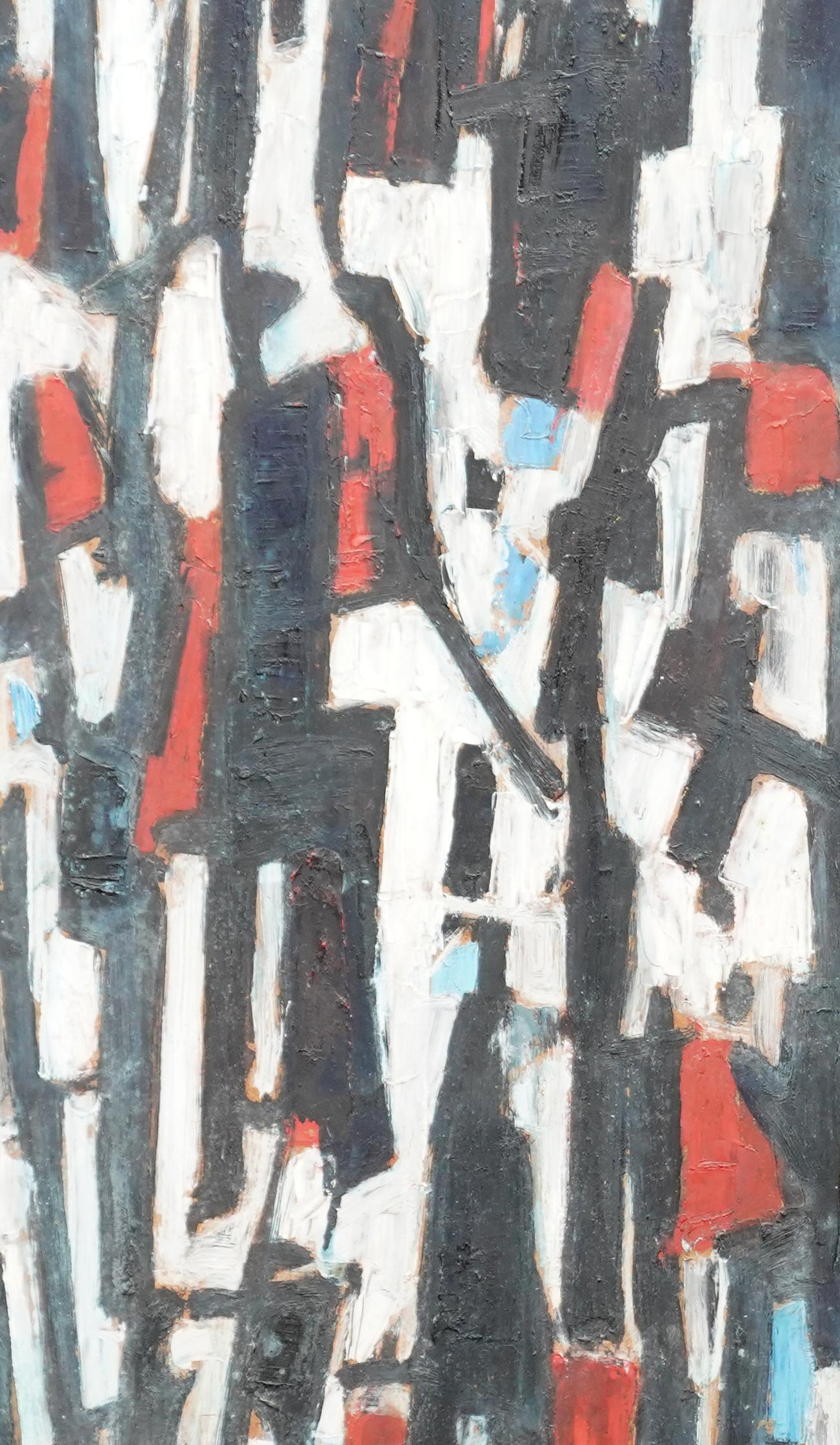 Street Scene II - British 1953 abstract art oil painting red black white - Abstract Painting by Leo Davy