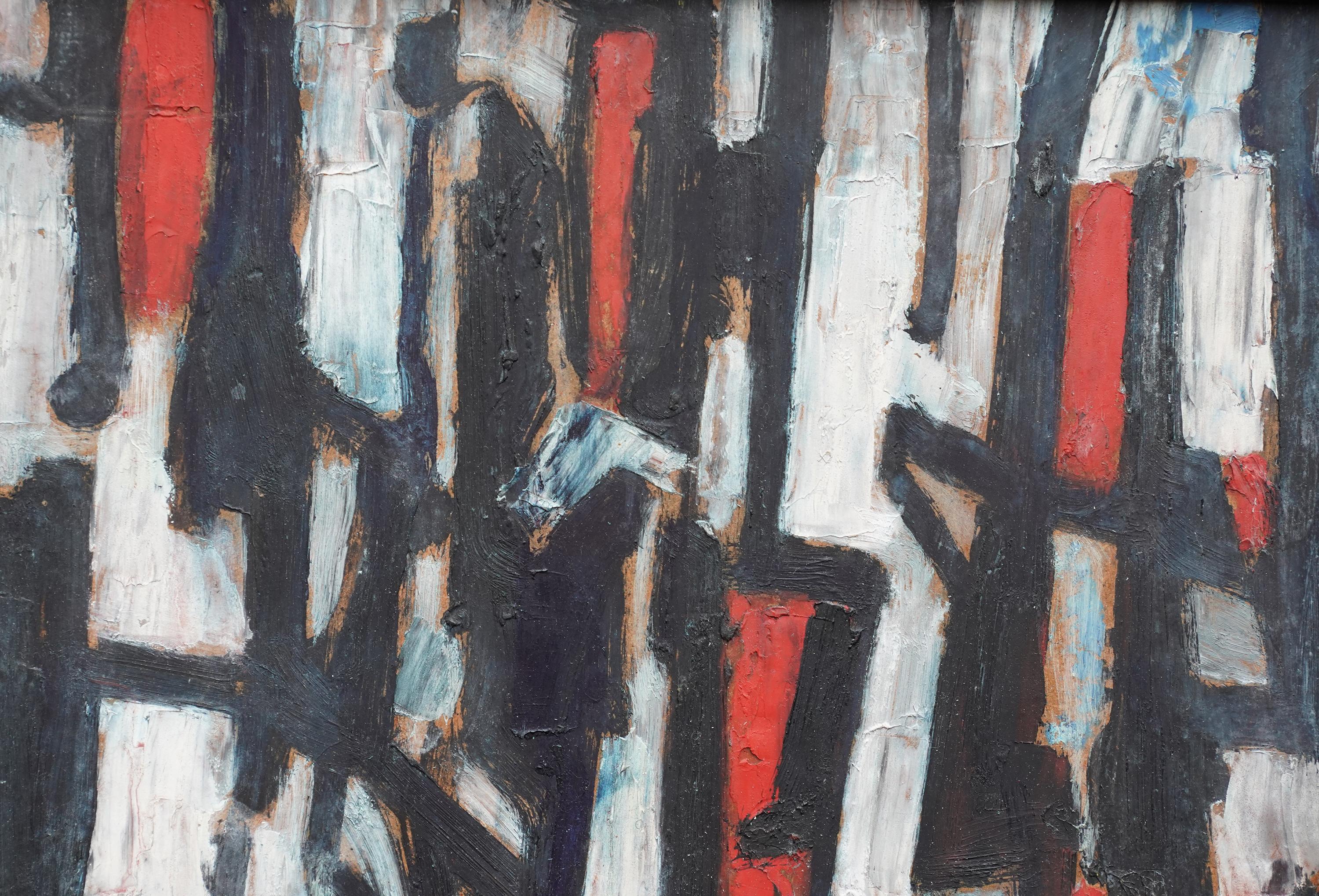 Street Scene II - British 1953 abstract art oil painting red black white - Black Abstract Painting by Leo Davy