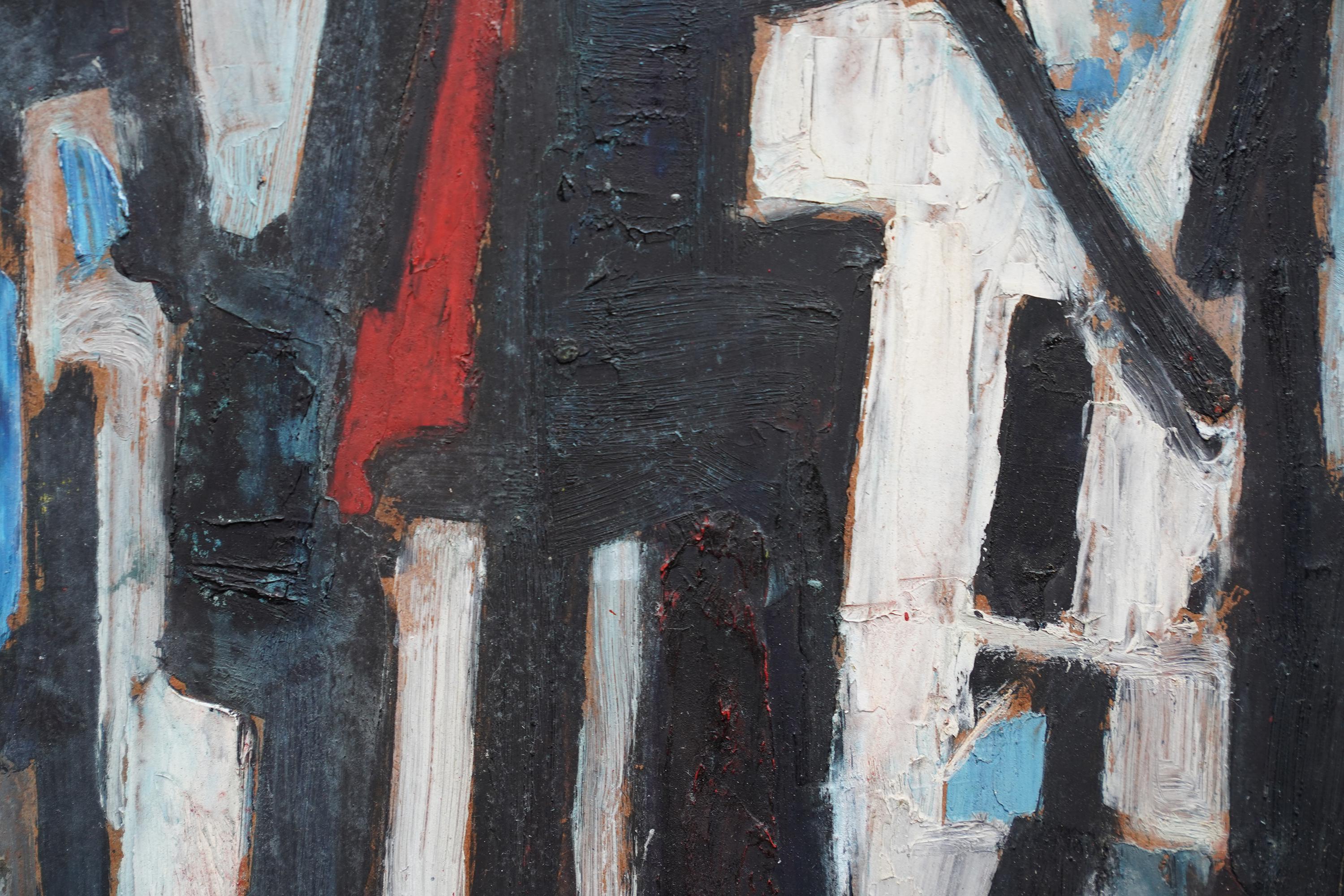 Street Scene II - British 1953 abstract art oil painting red black white For Sale 1
