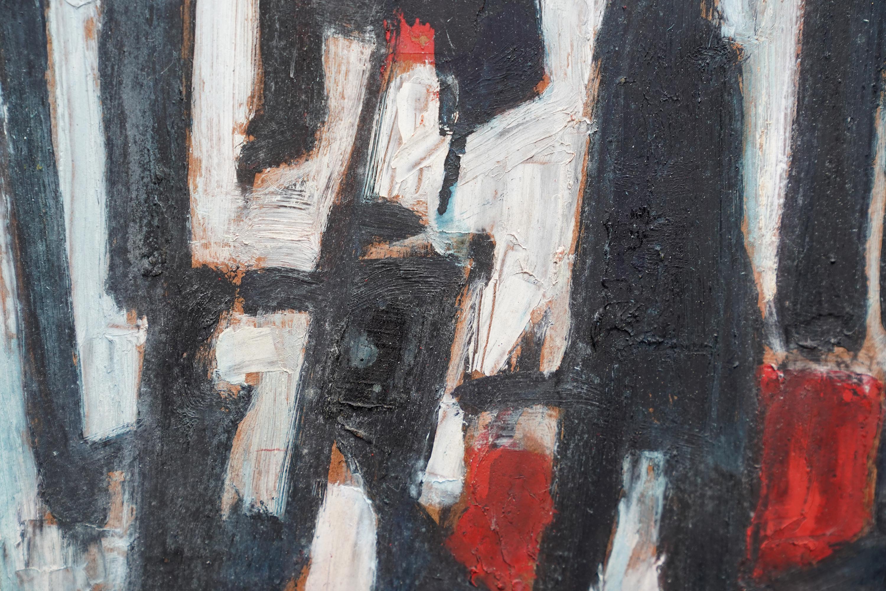 Street Scene II - British 1953 abstract art oil painting red black white For Sale 2