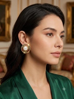 Leo de Veoomen 18 KT Yellow Gold Enamel Earrings with Mabe Pearl Center