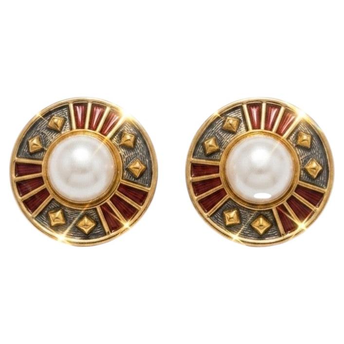 Leo de Veoomen 18 KT Yellow Gold Enamel Earrings with Mabe Pearl Center For Sale