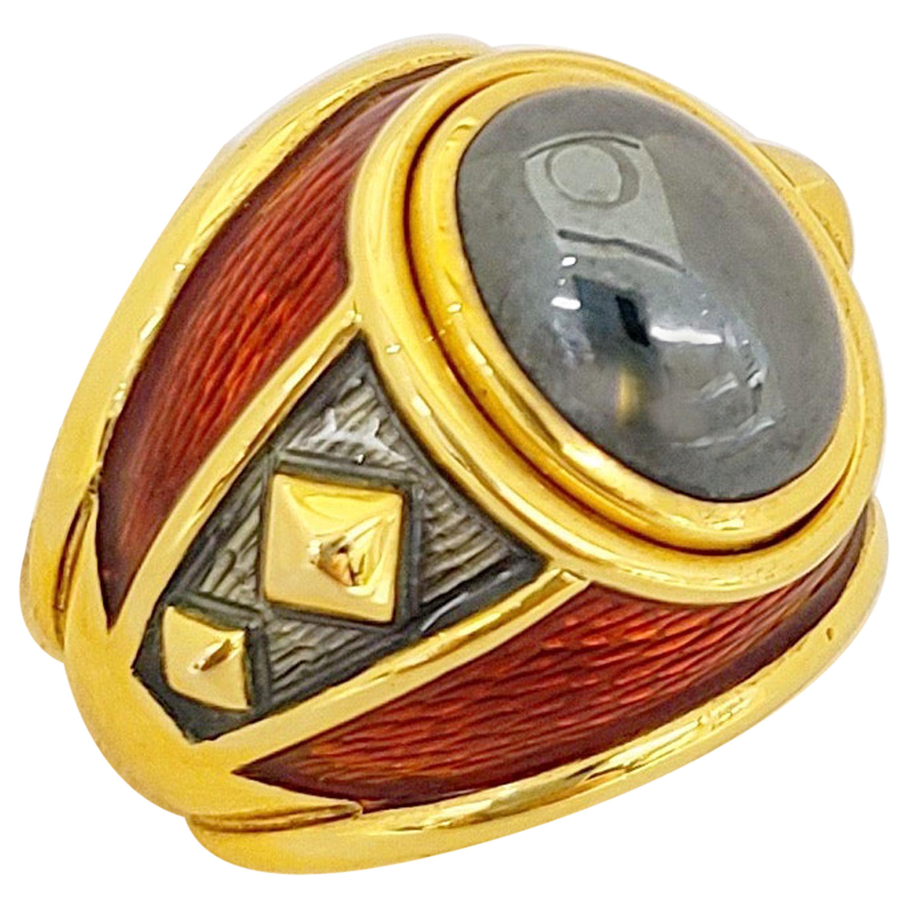 Leo De Vrooman 18 Karat Yellow Gold, Cabochon Hematite and Red Enamel Ring For Sale