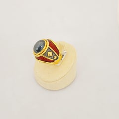 Leo De Vrooman 18 Karat Yellow Gold, Cabochon Hematite and Red Enamel Ring