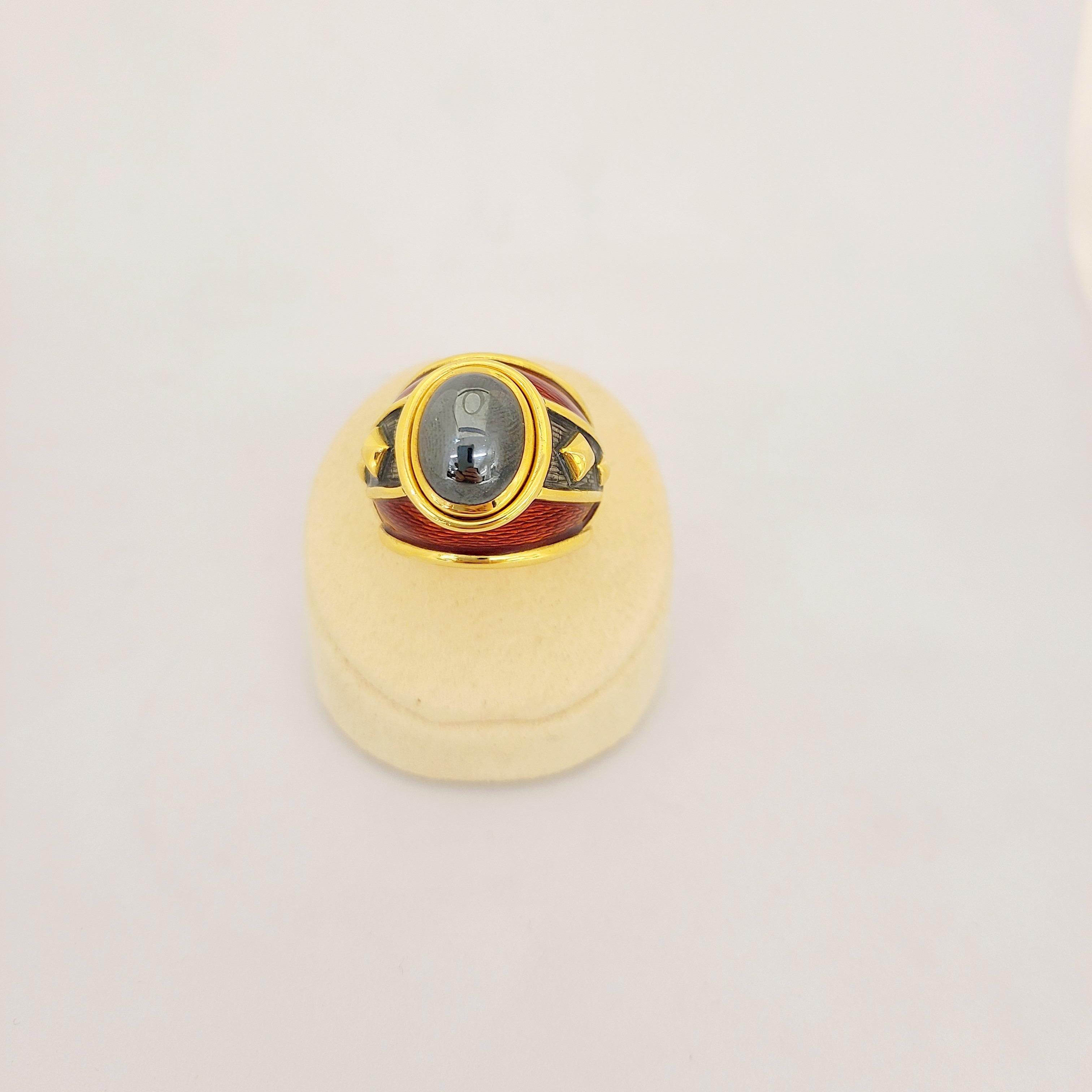 Contemporary Leo De Vrooman 18 Karat Yellow Gold, Cabochon Hematite and Red Enamel Ring For Sale