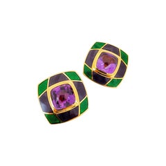 Leo de Vroomen 18 Karat Gold Earrings with Amethyst and Purple and Green Enamel