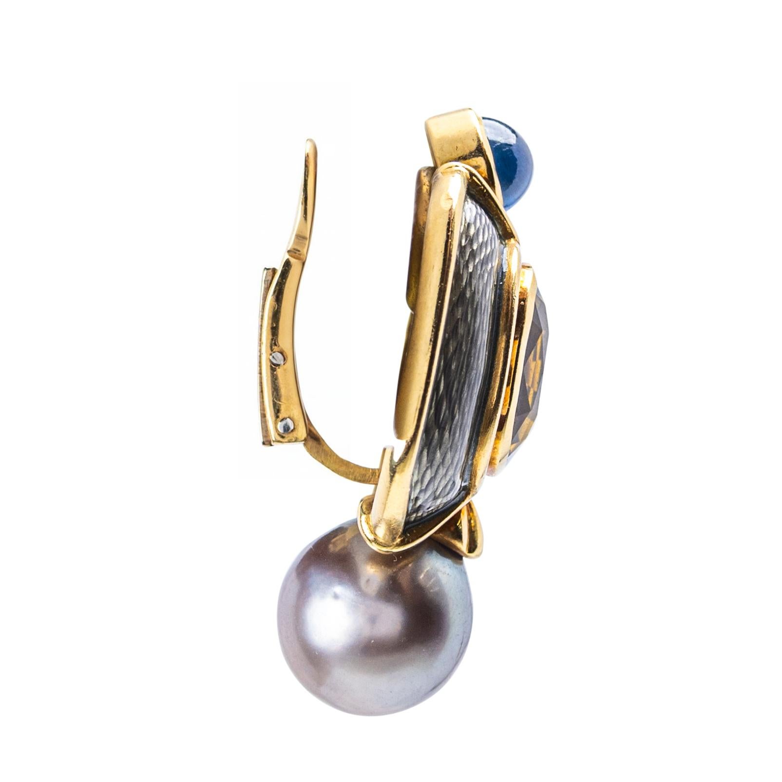 Leo de Vroomen, fermaglio per orecchie in oro 18 carati, tormalina, zaffiro e perle In condizioni buone in vendita a Palm Beach, FL