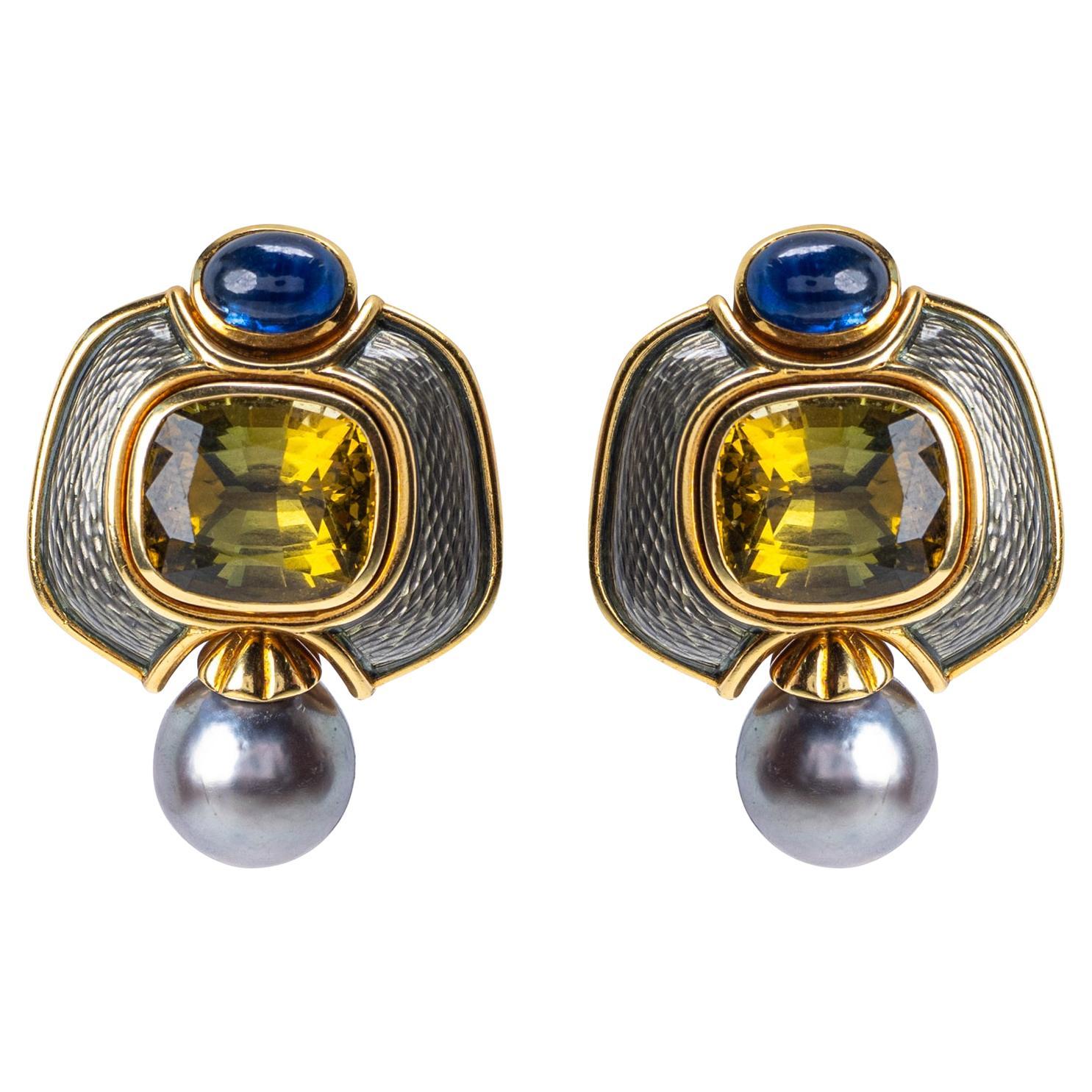 Leo de Vroomen, fermaglio per orecchie in oro 18 carati, tormalina, zaffiro e perle