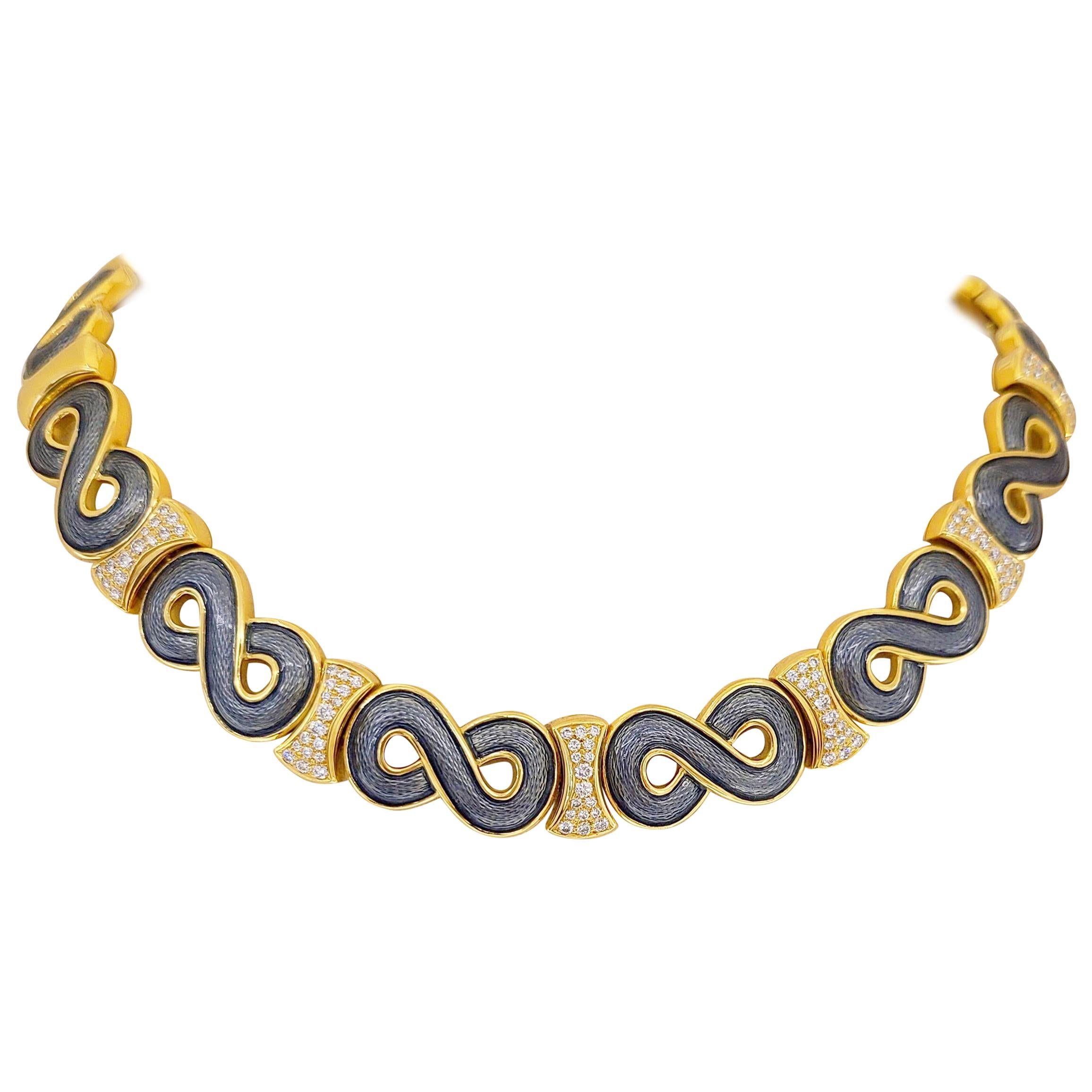 Leo de Vroomen 18 Karat Yellow Gold, 2.38 Carat Diamond and Gray Enamel Necklace For Sale
