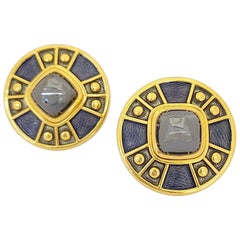 Vintage Leo de Vroomen 18 Karat Yellow Gold Earrings with Hematite and Enamel