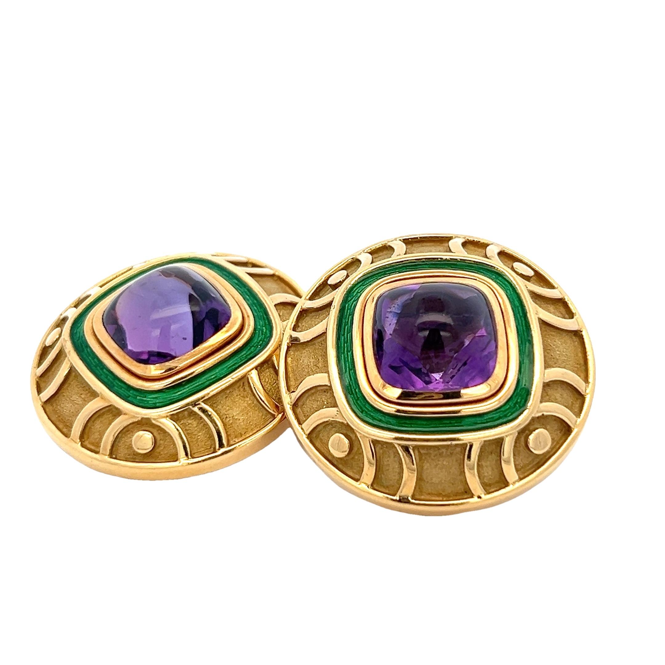 Bold and artistic, these statement clip-on earrings by renowned designer Leo de Vroomen showcase his signature fusion of architectural form and vibrant color. Crafted in 18K yellow gold, each earring centers a richly-hued amethyst cabochon,