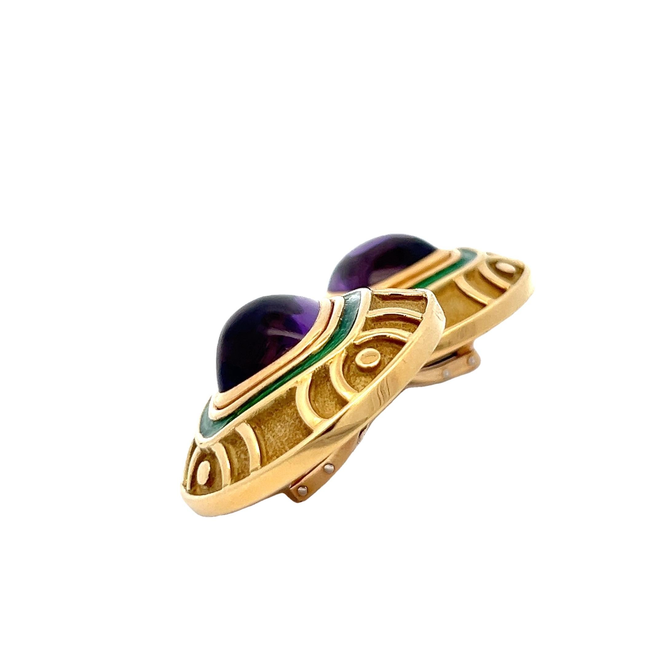 Art Deco Leo de Vroomen 18K Yellow Gold Amethyst and Green Enamel Clip-On Earrings For Sale