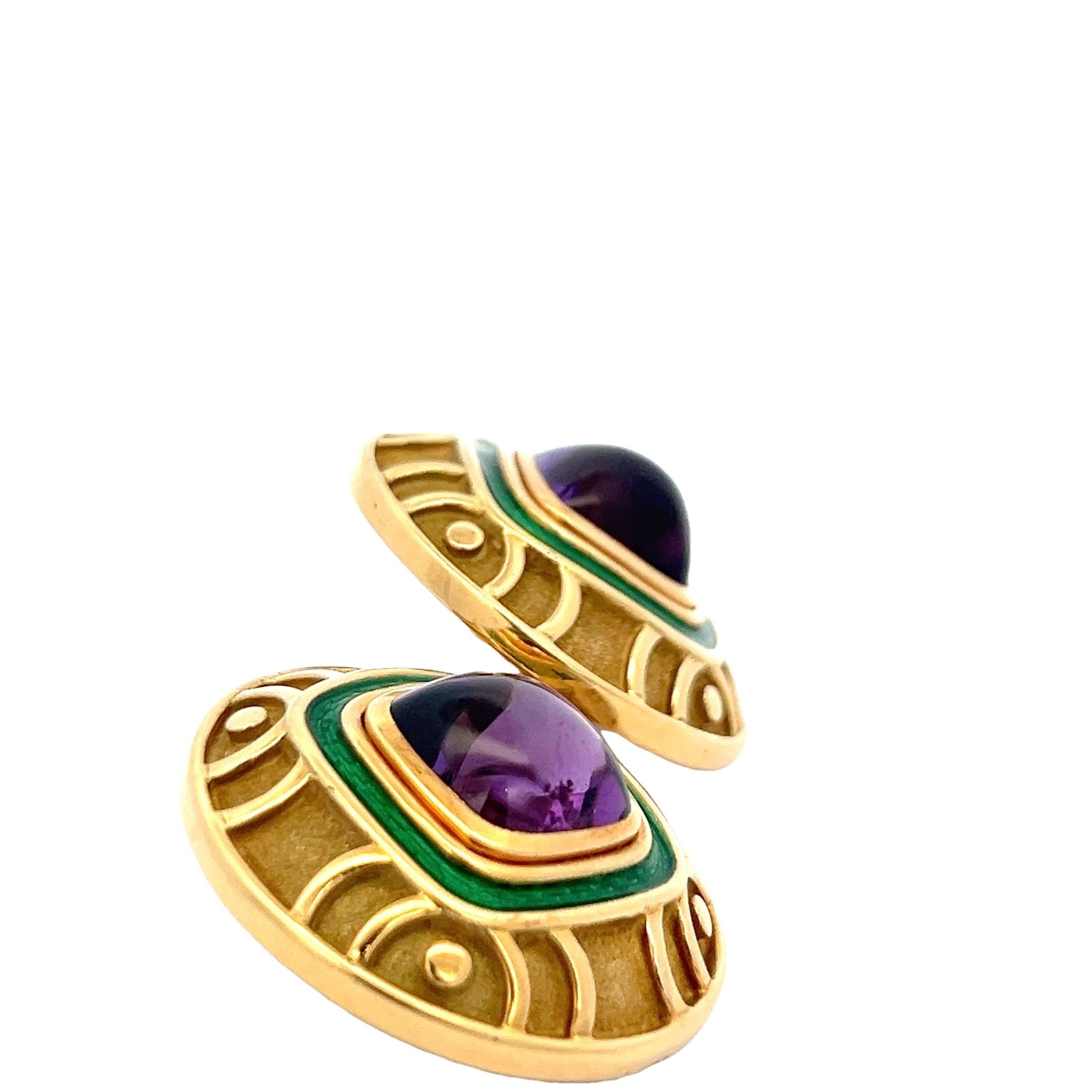 Leo de Vroomen 18K Yellow Gold Amethyst and Green Enamel Clip-On Earrings In Excellent Condition For Sale In Miami, FL