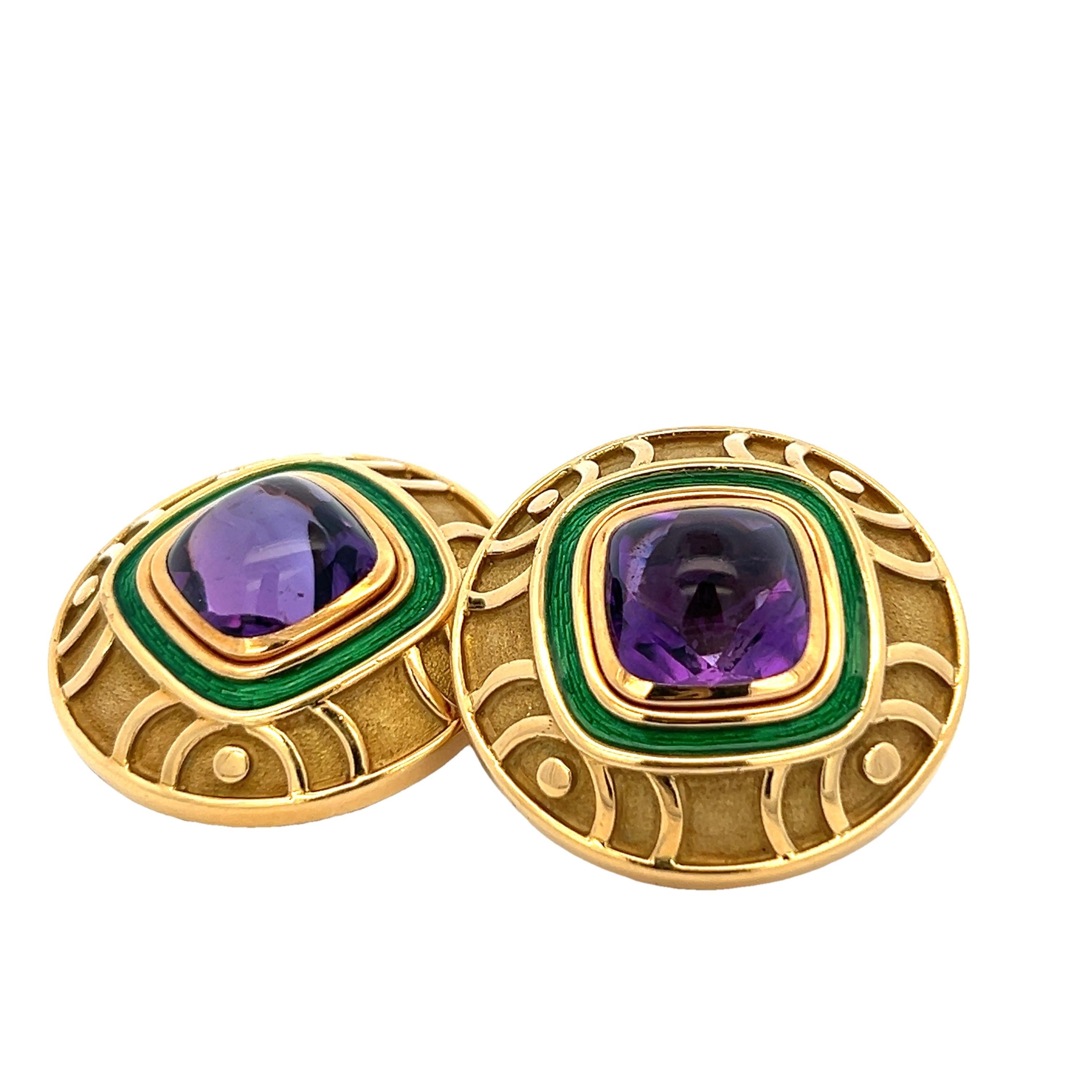 Women's Leo de Vroomen 18K Yellow Gold Amethyst and Green Enamel Clip-On Earrings For Sale