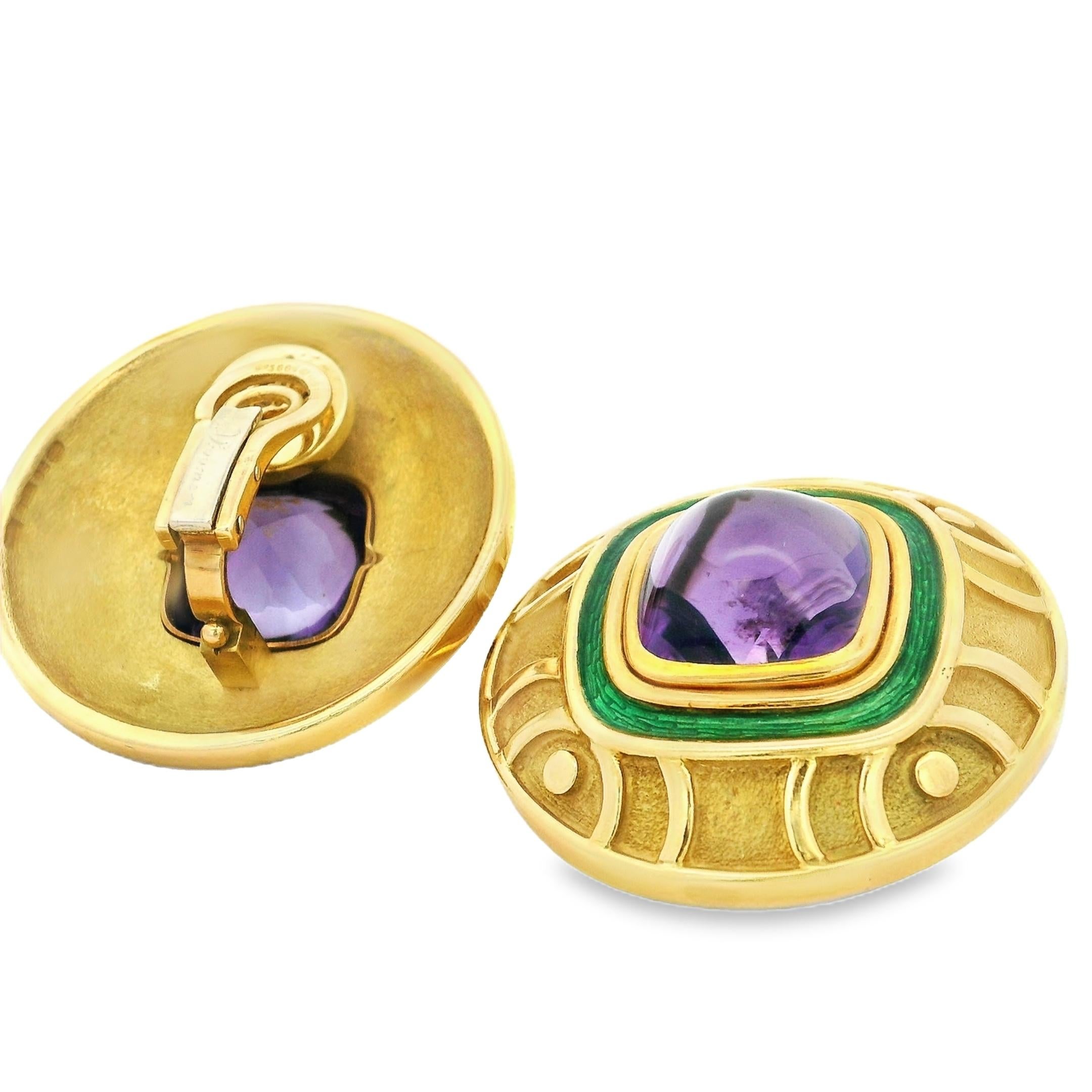 Leo de Vroomen 18K Yellow Gold Amethyst and Green Enamel Clip-On Earrings For Sale 3