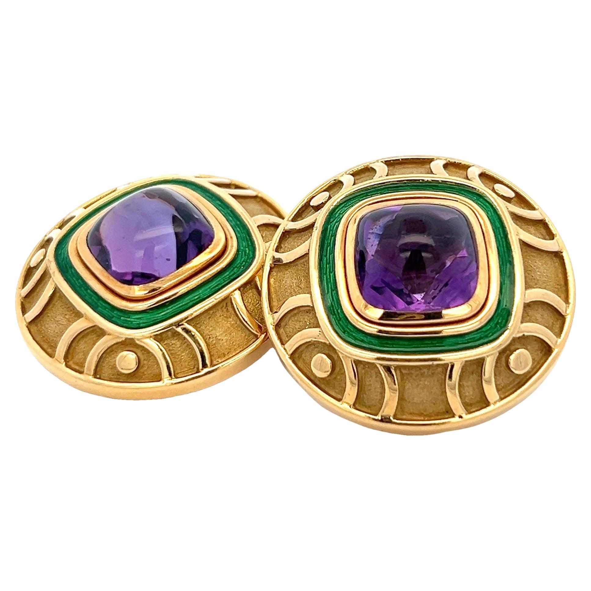 Leo de Vroomen 18K Yellow Gold Amethyst and Green Enamel Clip-On Earrings