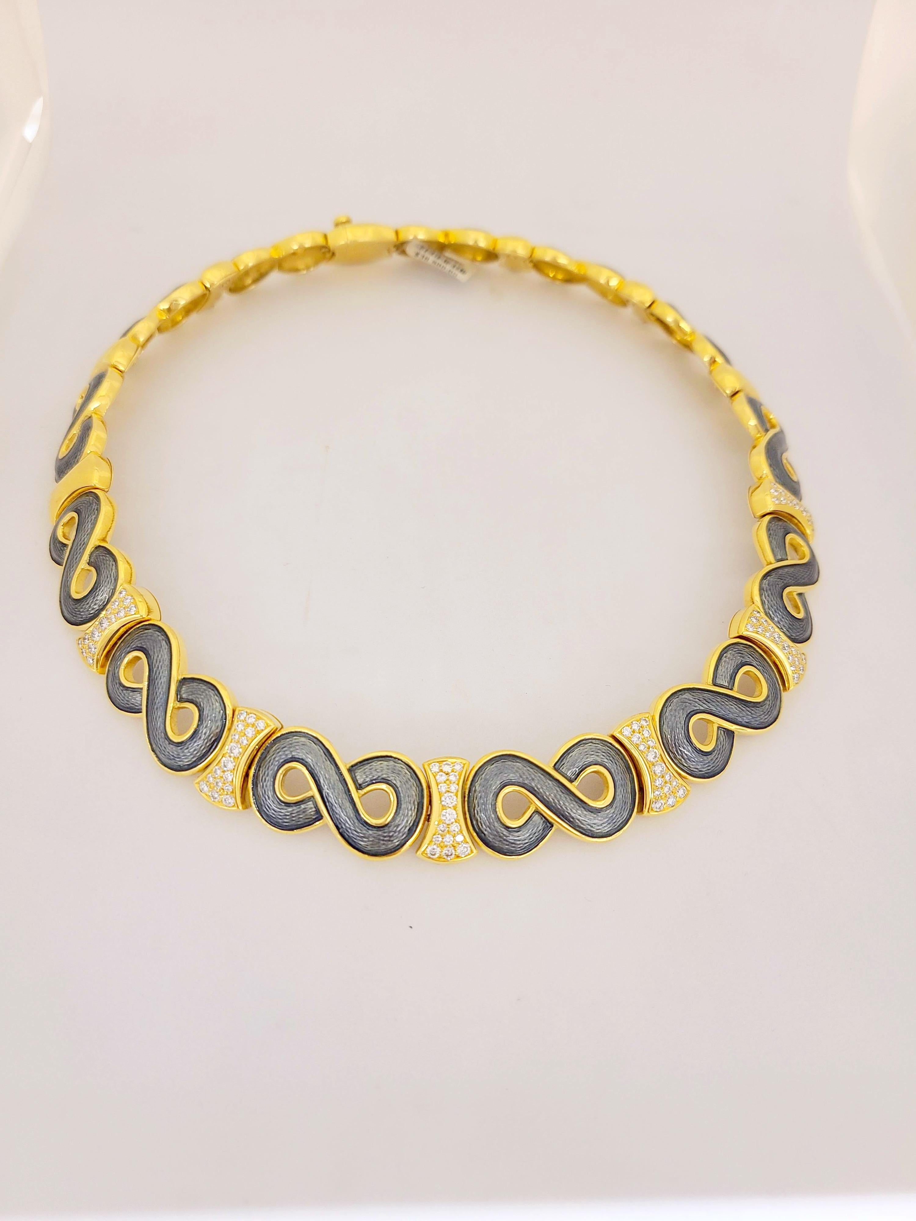 Contemporain Leo de Vroomen Collier en or jaune 18 carats, diamants de 2,38 carats et émail gris en vente