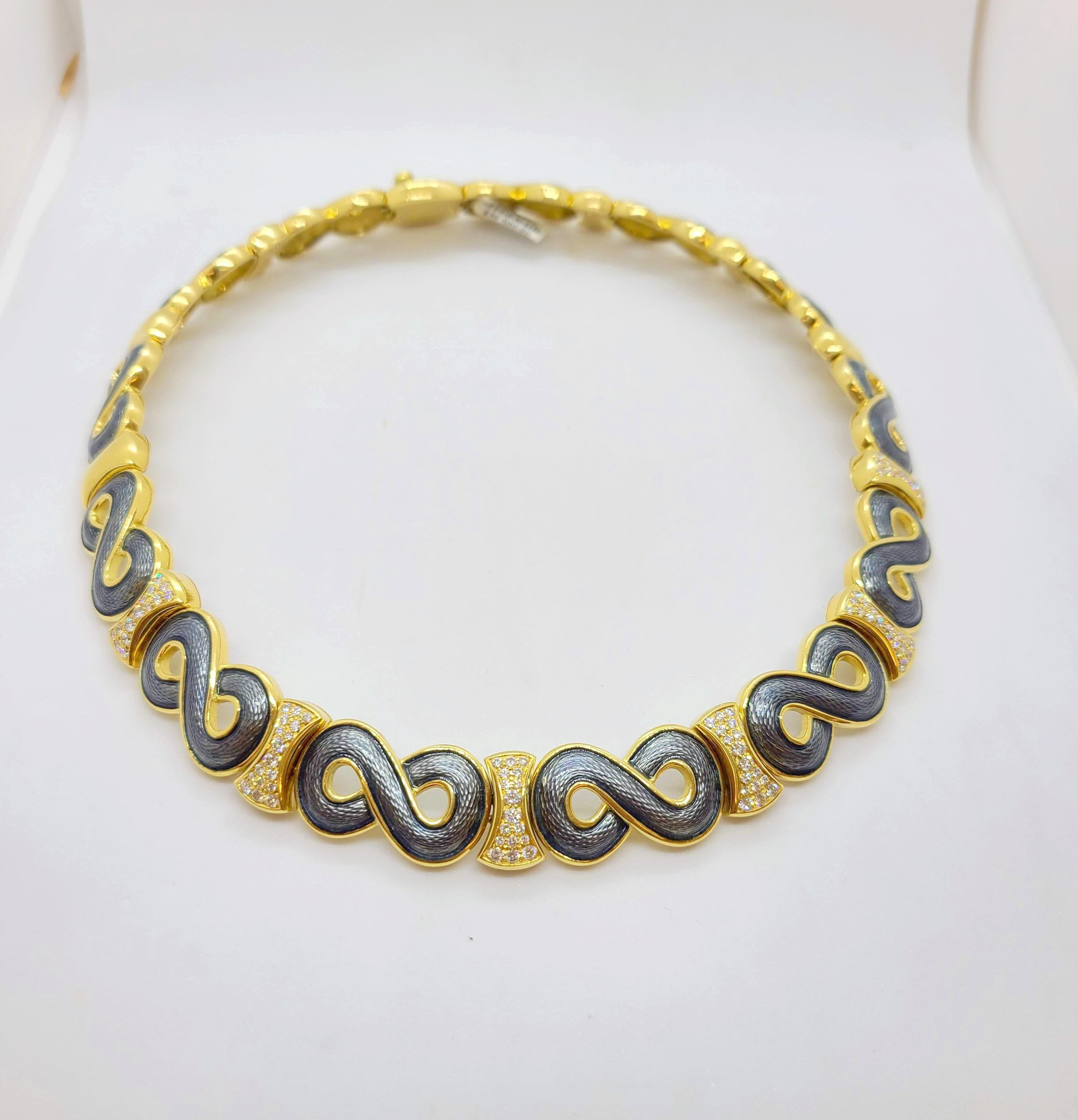 Leo de Vroomen Collier en or jaune 18 carats, diamants de 2,38 carats et émail gris en vente 2
