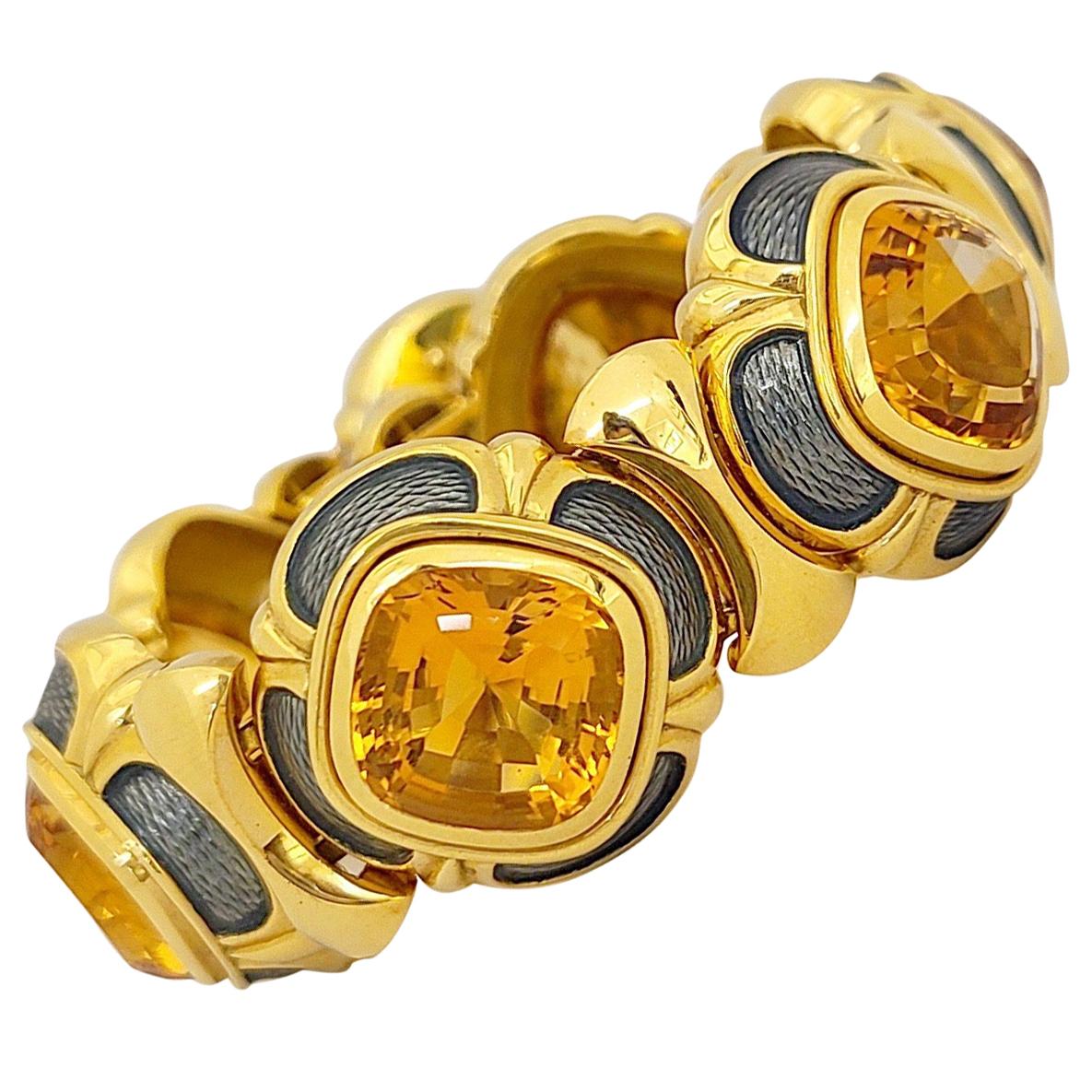 Leo De Vroomen 18KT Yellow Gold, 60.65Ct. Cushion Cut Citrine & Enamel Bracelet For Sale