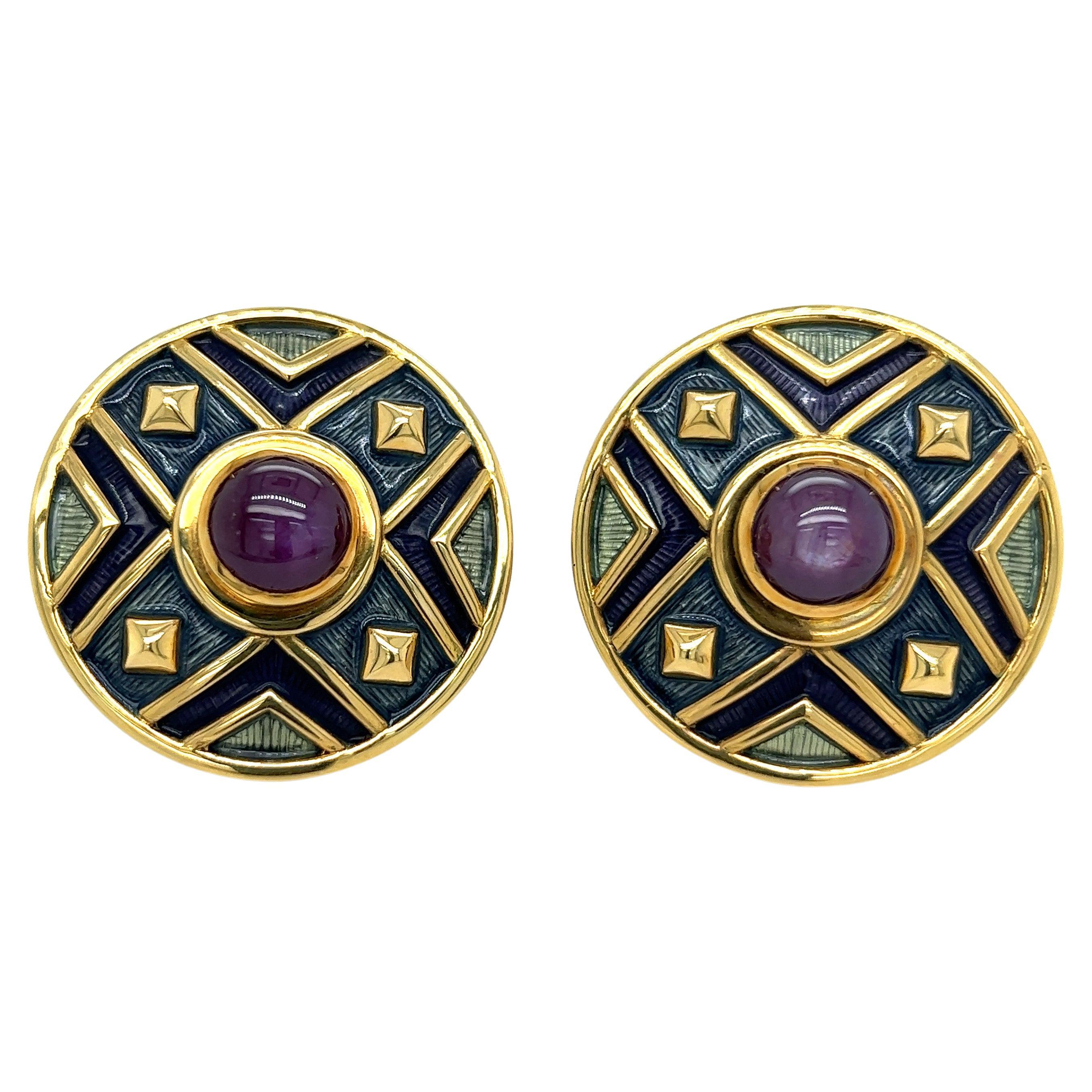 Leo de Vroomen 18KT Yellow Gold Earring with Star Ruby Centers and Enamel For Sale