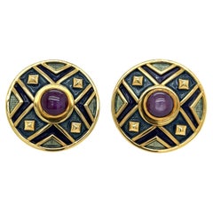 Leo de Vroomen 18KT Yellow Gold Earring with Star Ruby Centers and Enamel