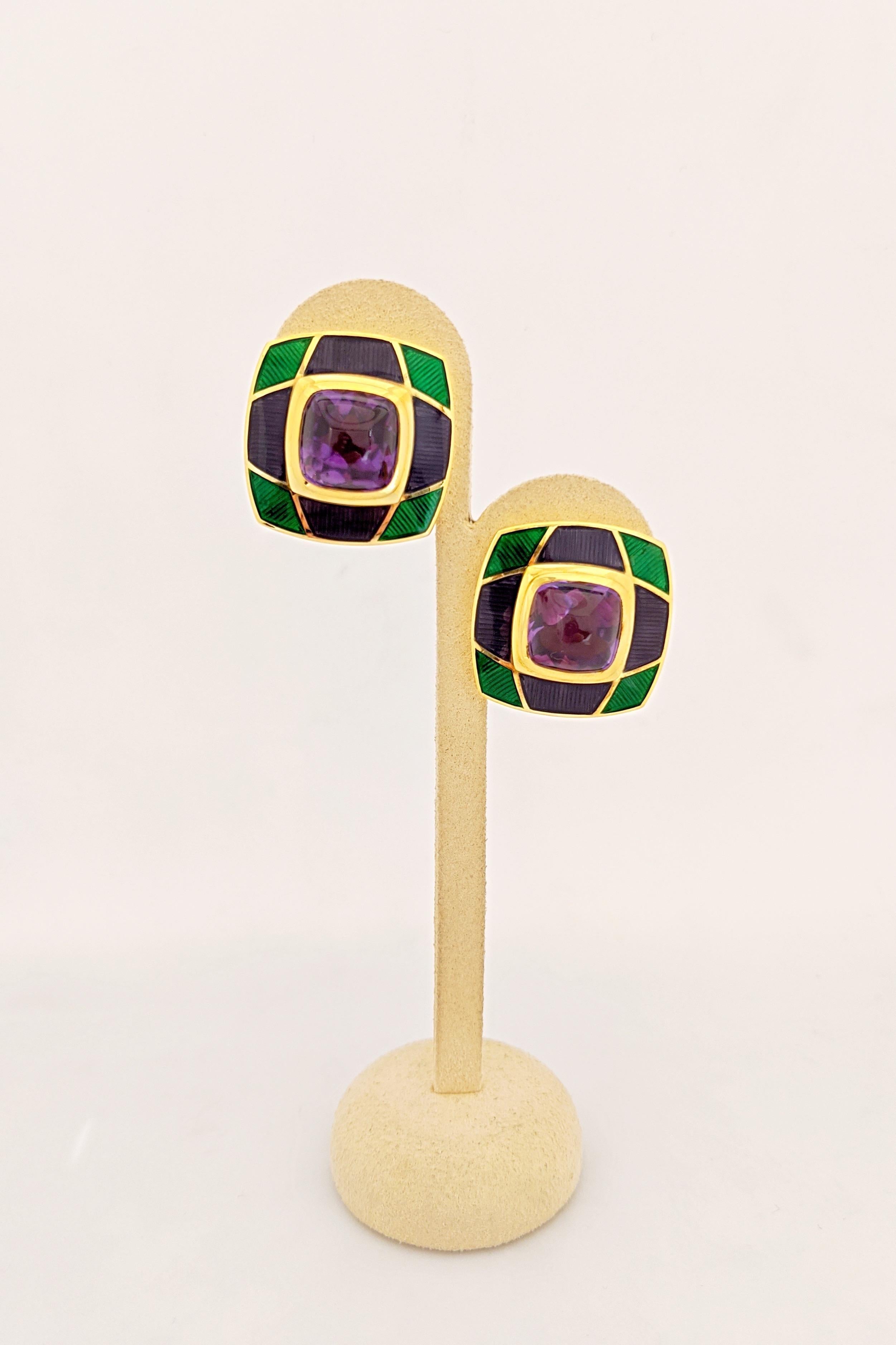 Contemporary Leo de Vroomen 18 Karat Gold Earrings with Amethyst and Purple and Green Enamel