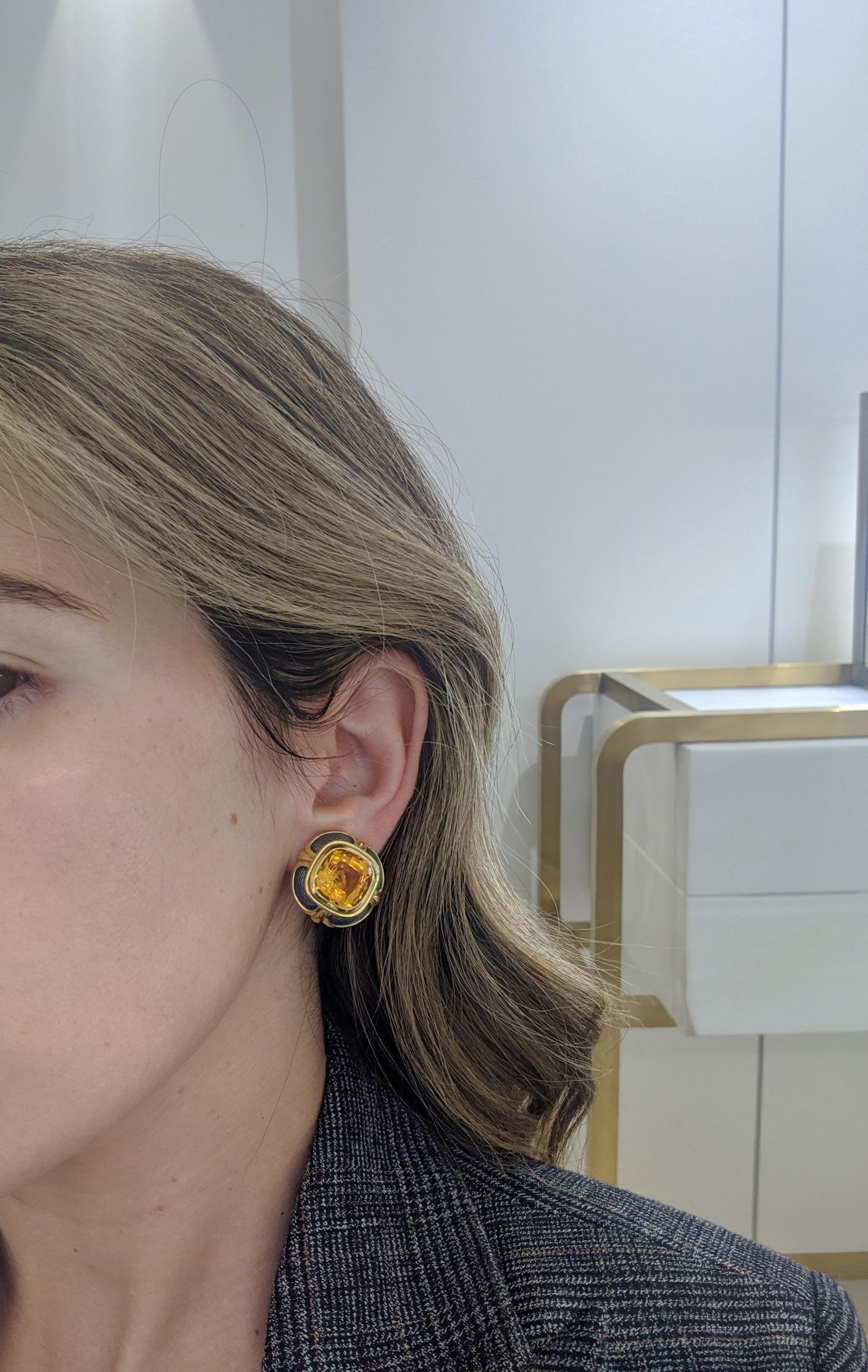 18 Karat Gelbgold-Emaille-Ohrringe mit 17,70 Karat Citrin von Vroomen (Zeitgenössisch) im Angebot