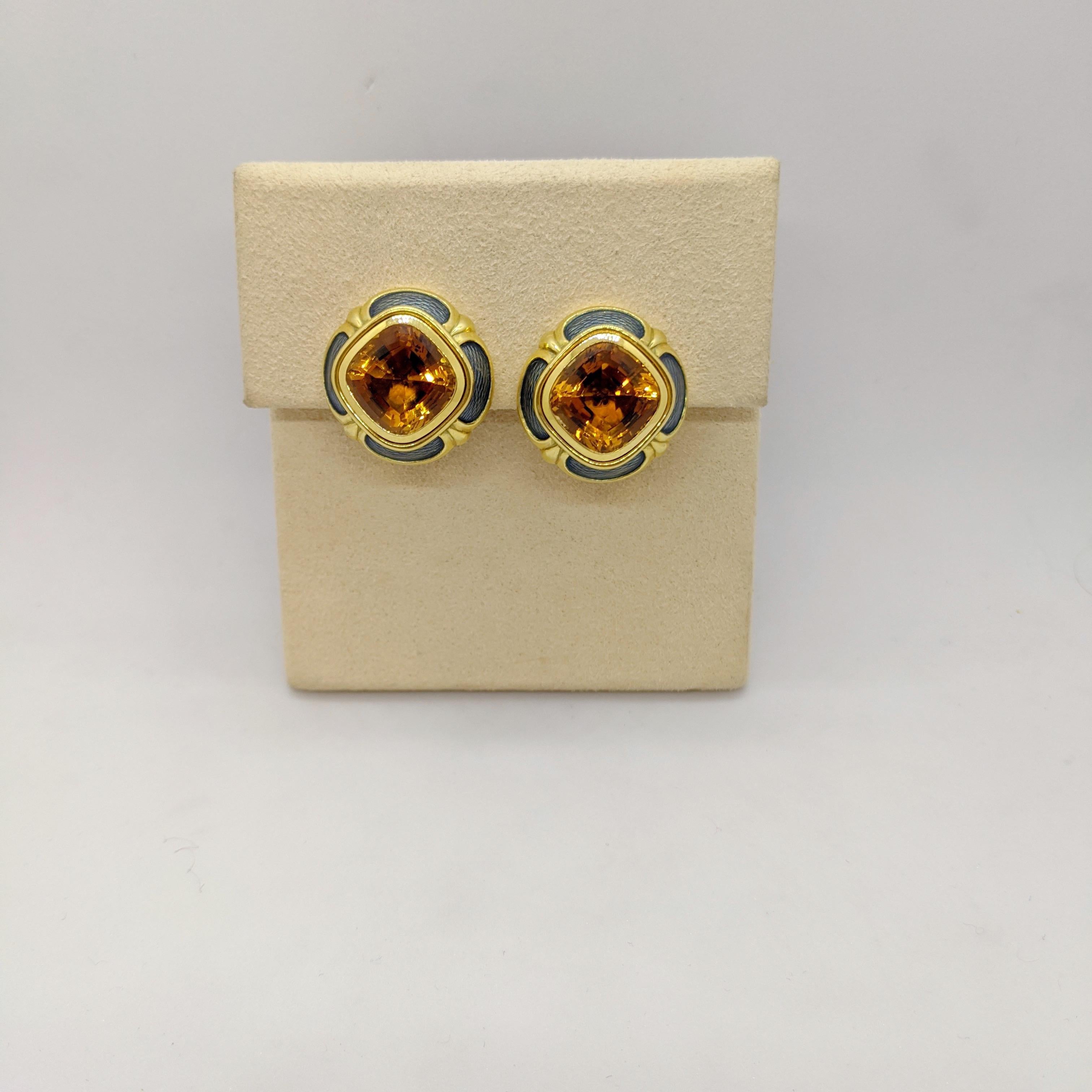 18 Karat Gelbgold-Emaille-Ohrringe mit 17,70 Karat Citrin von Vroomen für Damen oder Herren im Angebot