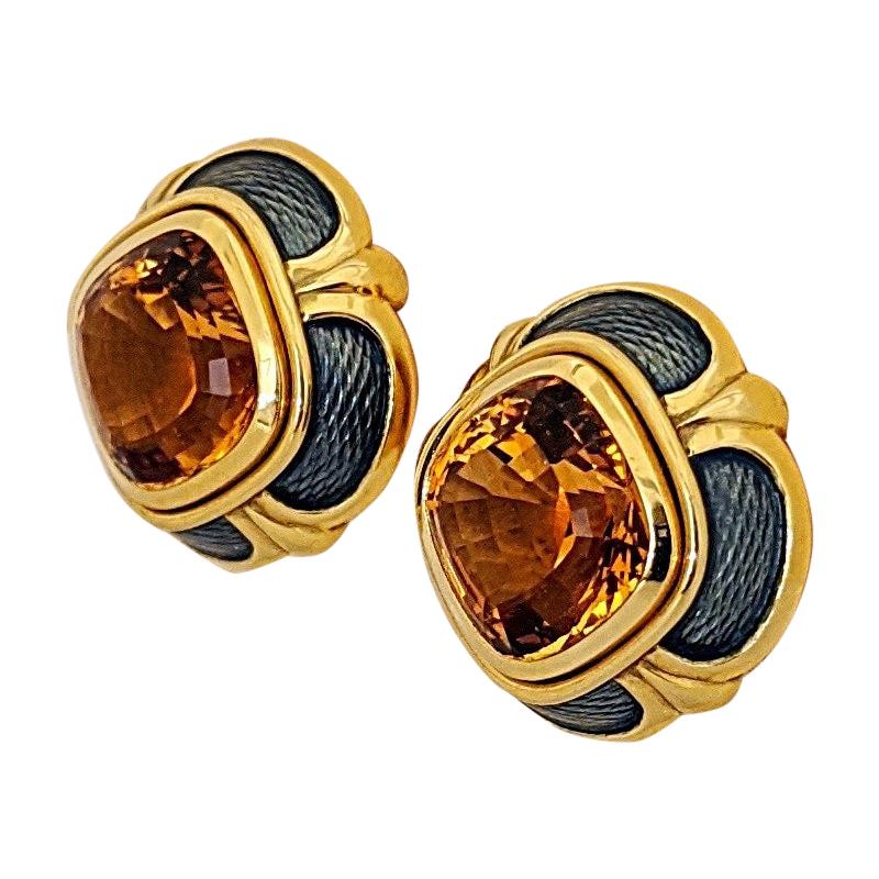 Leo de Vroomen 18 Karat Yellow Gold Enamel Earrings with 17.70 Carat Citrine