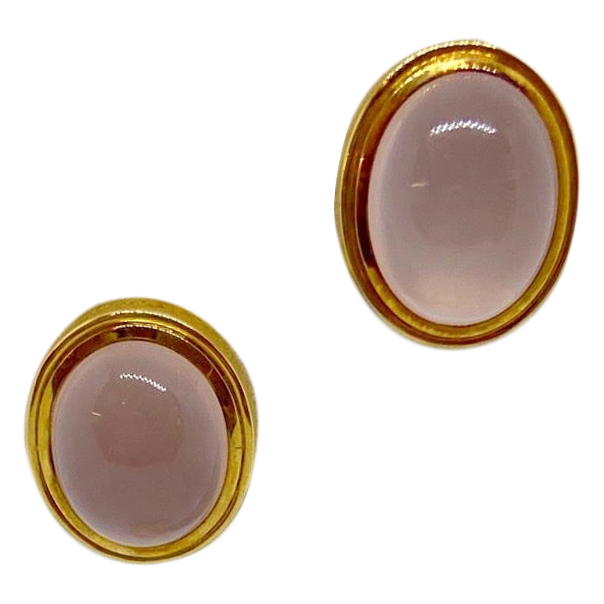 Leo De Vroomen 18KT YG Earrings with 16.26 Carat Oval Rose Quartz Cabochons For Sale